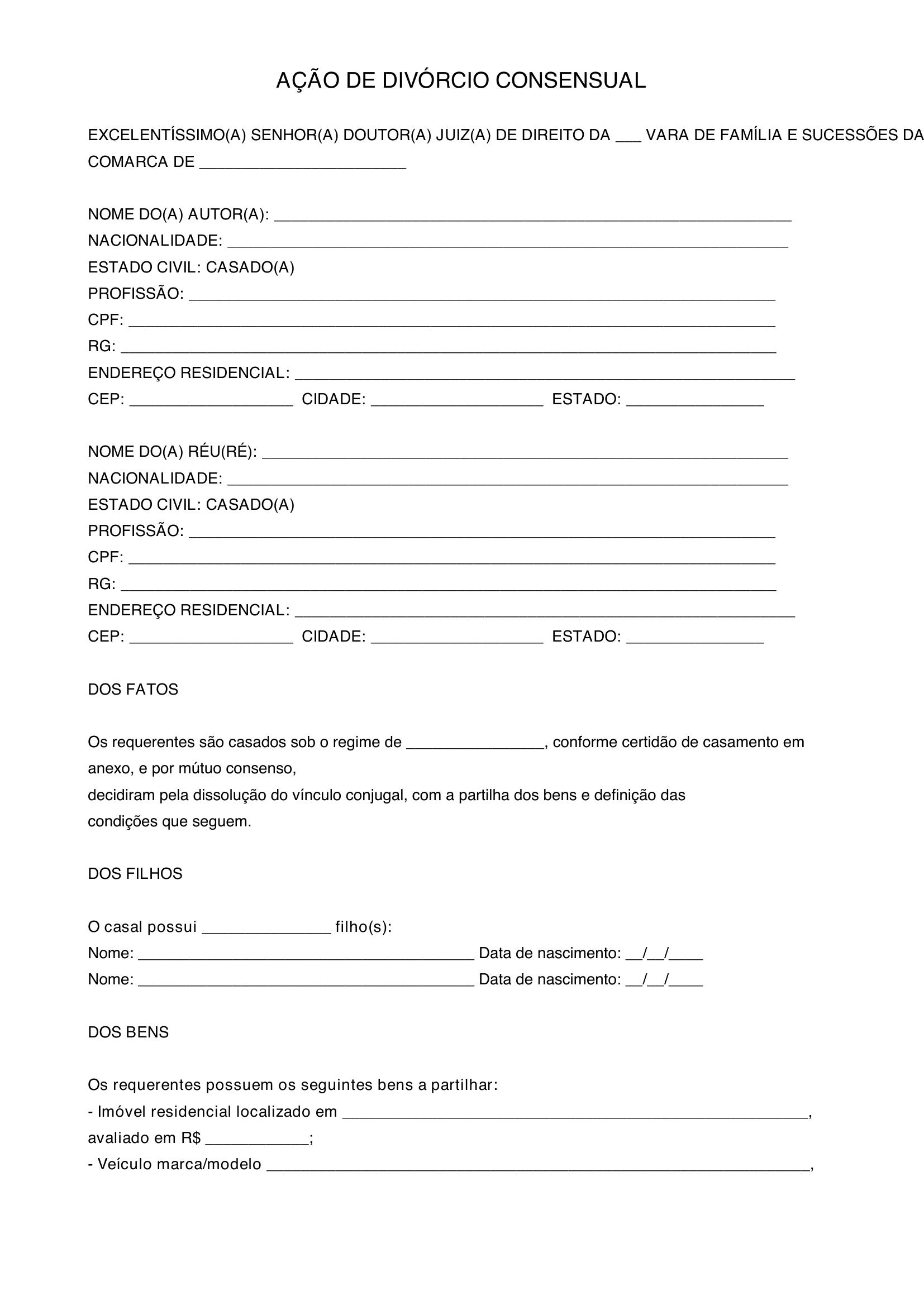 Modelo De Ação De Divorcio Consensual