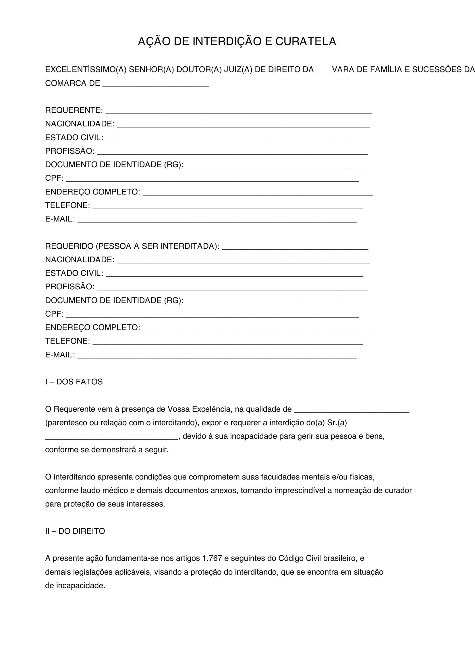 Modelo De Ação De Interdição E Curatela