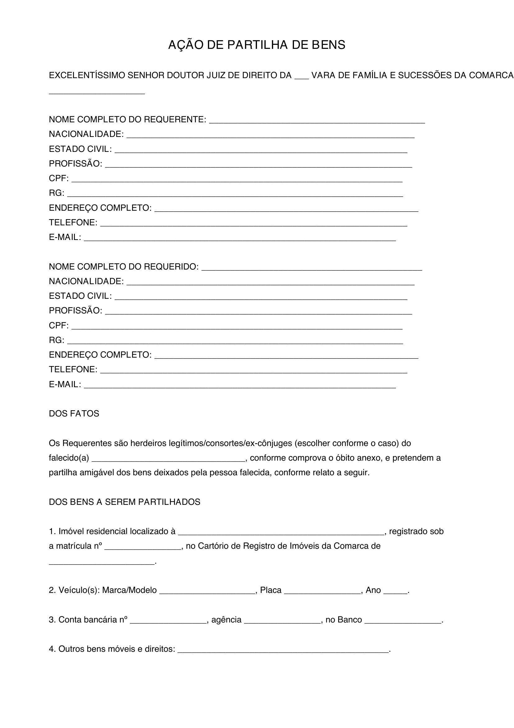 Modelo De Ação De Partilha De Bens