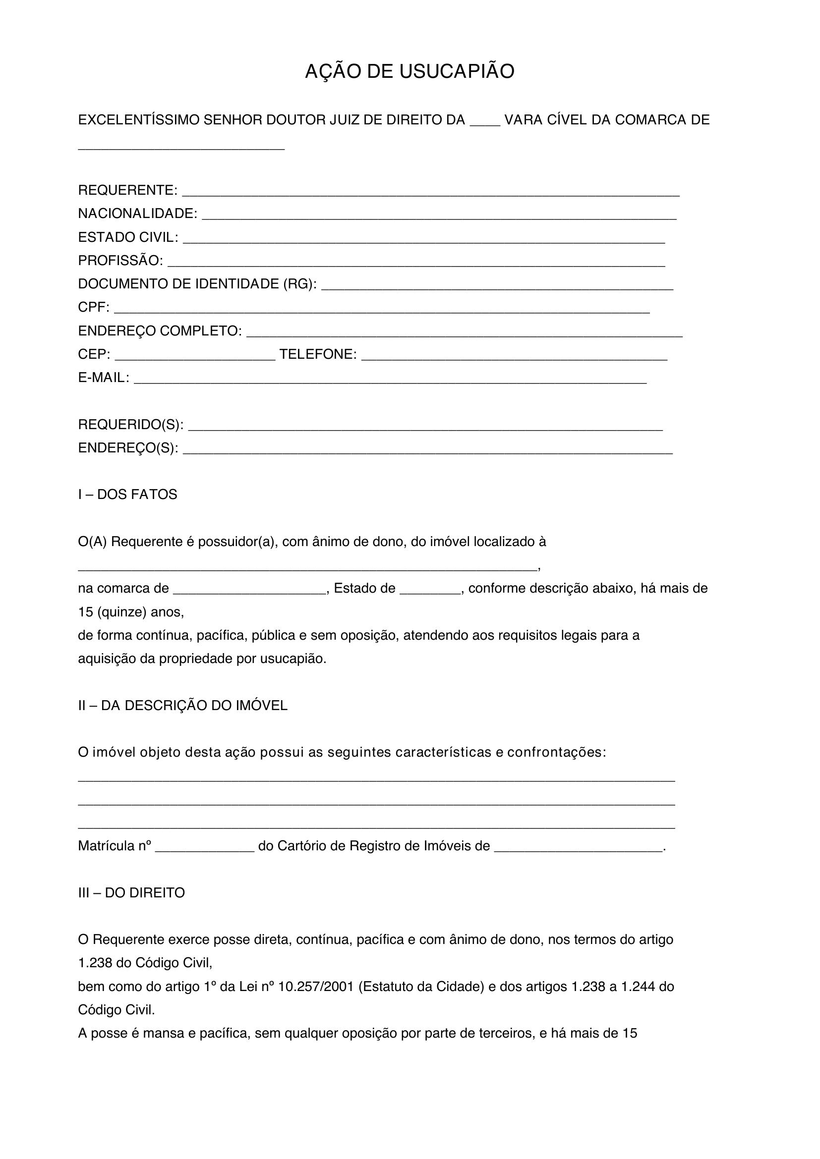 Modelo De Ação De Usucapião