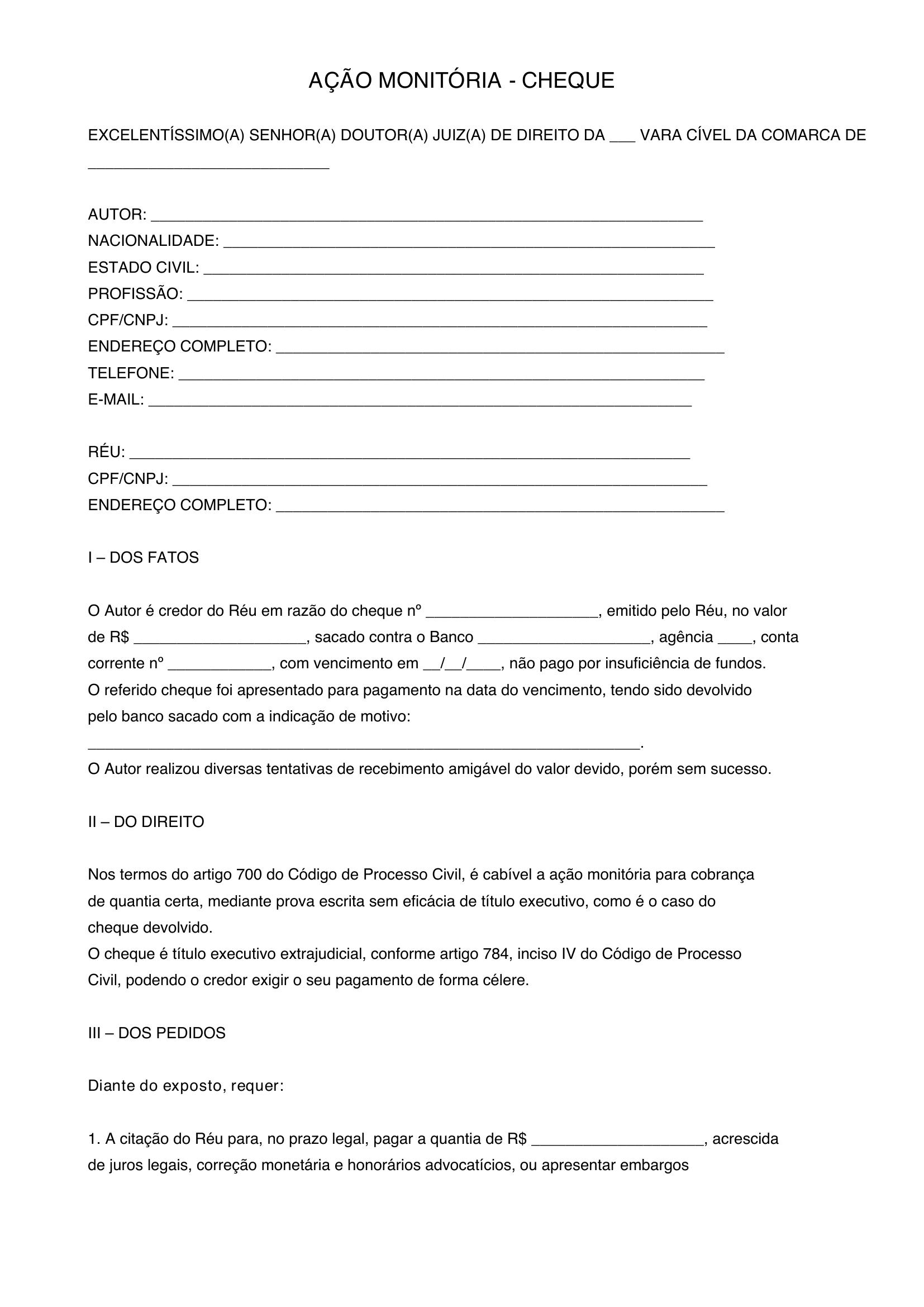 Modelo De Ação Monitória Cheque