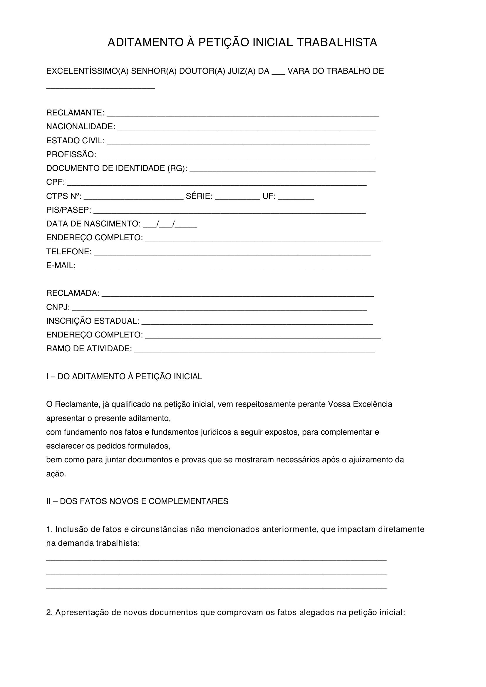 Modelo Aditamento Inicial Trabalhista