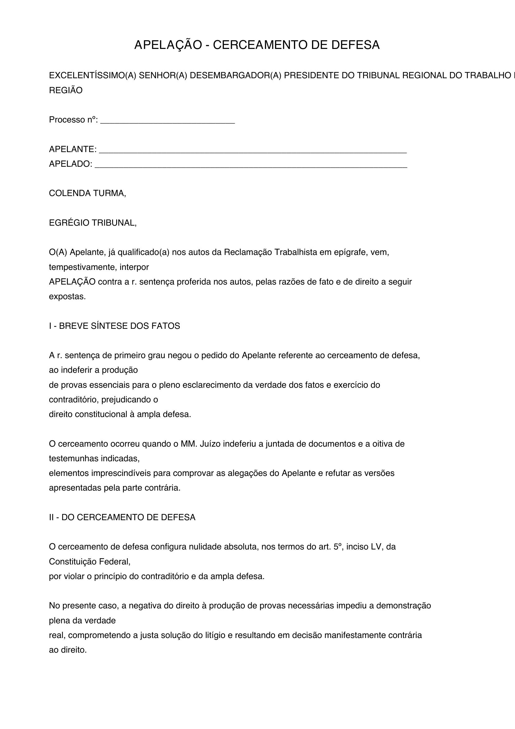 Modelo Apelação Cerceamento De Defesa