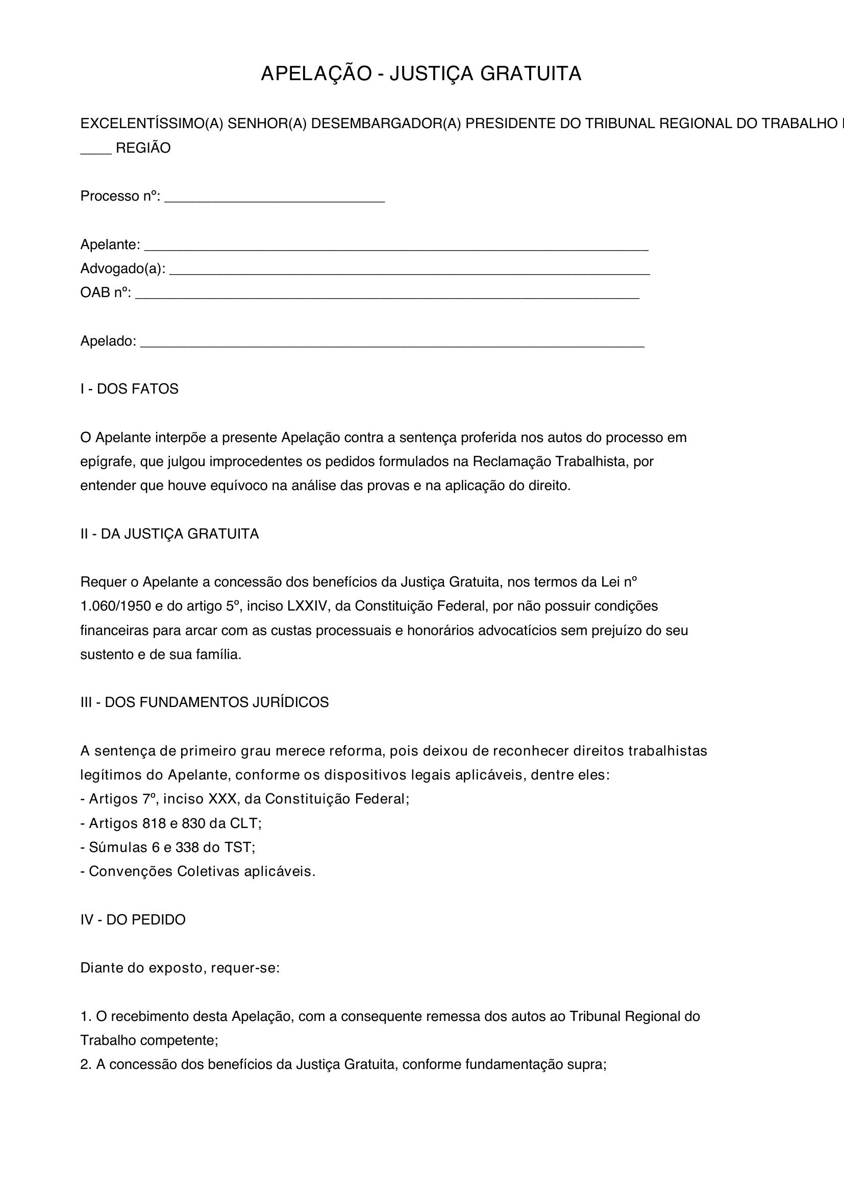 Modelo Apelação Justiça Gratuita