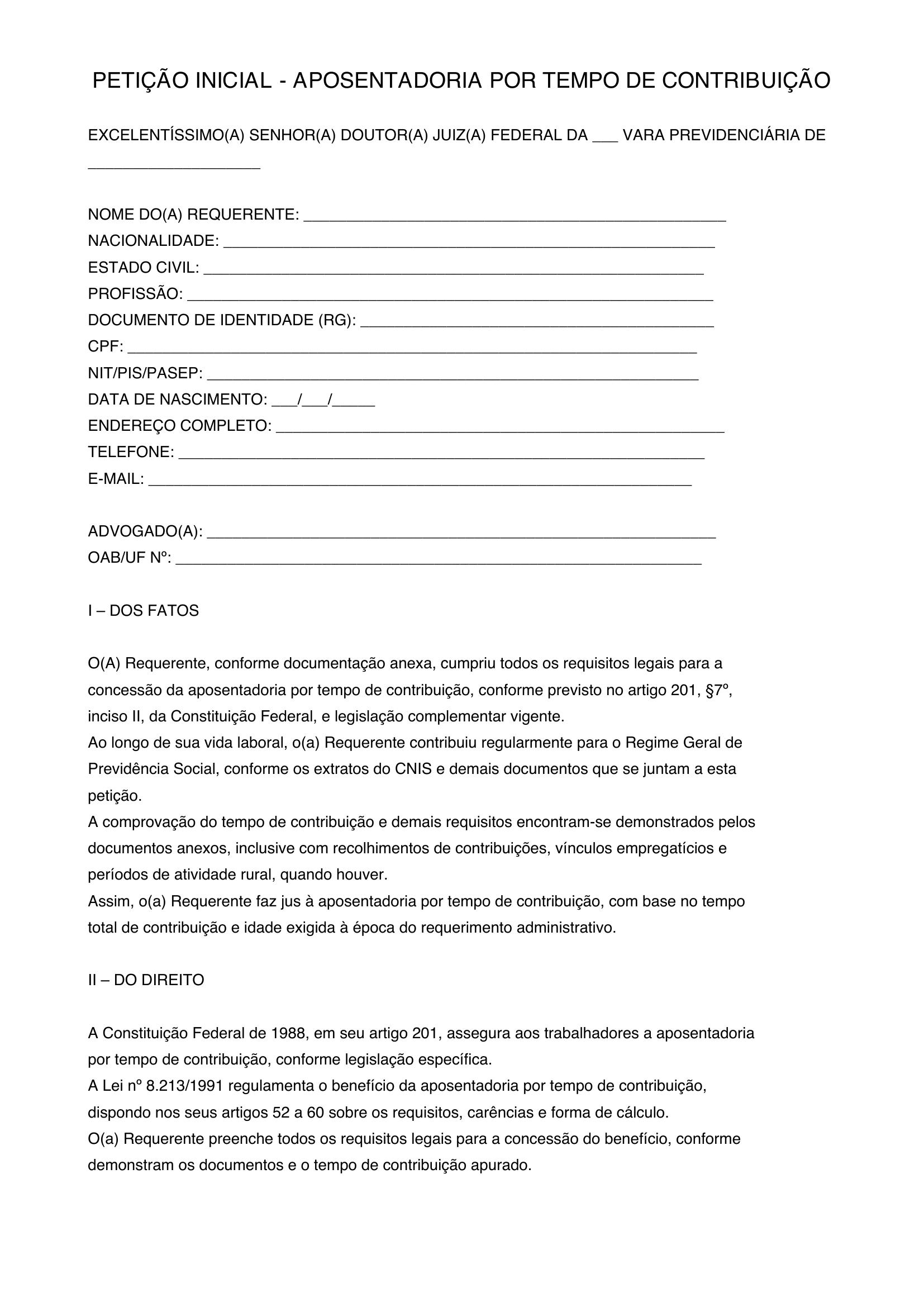 Modelo De Aposentadoria Por Tempo De Contribuição