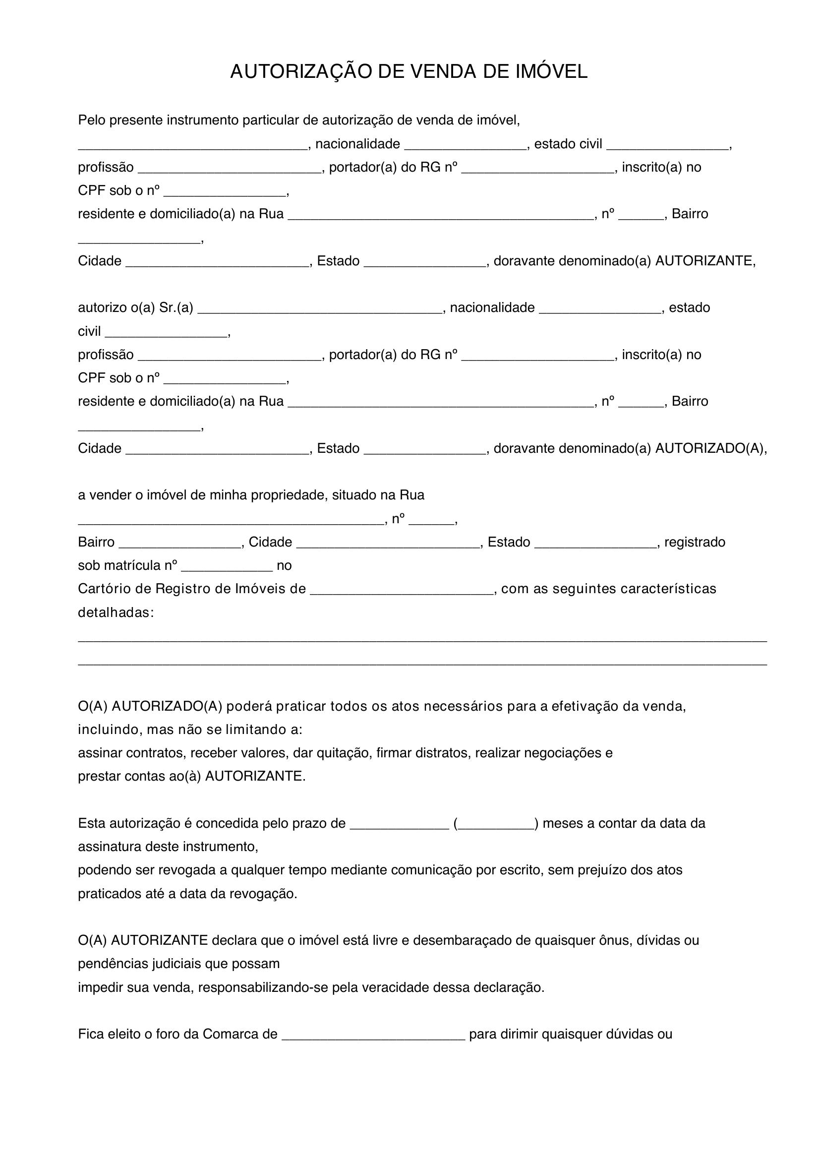 Modelo De Autorização De Venda De Imóvel
