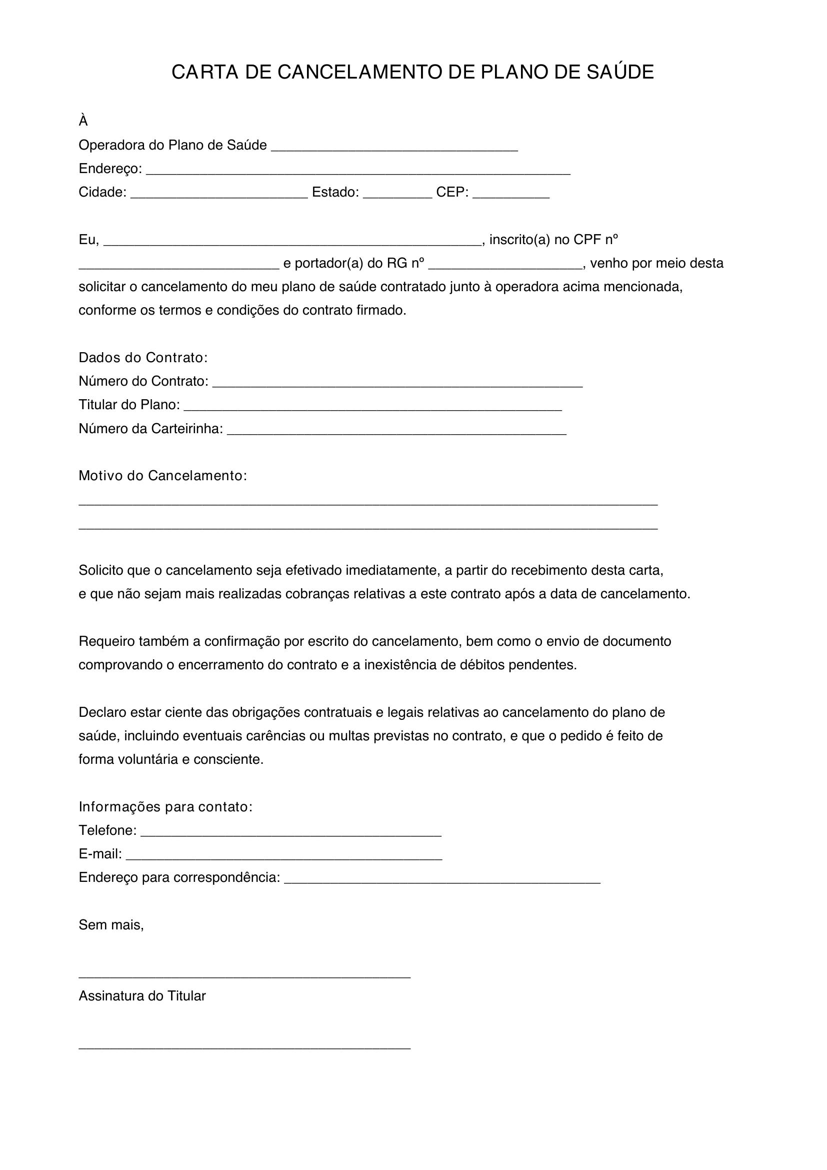 Modelo De Carta De Cancelamento De Plano De Saúde