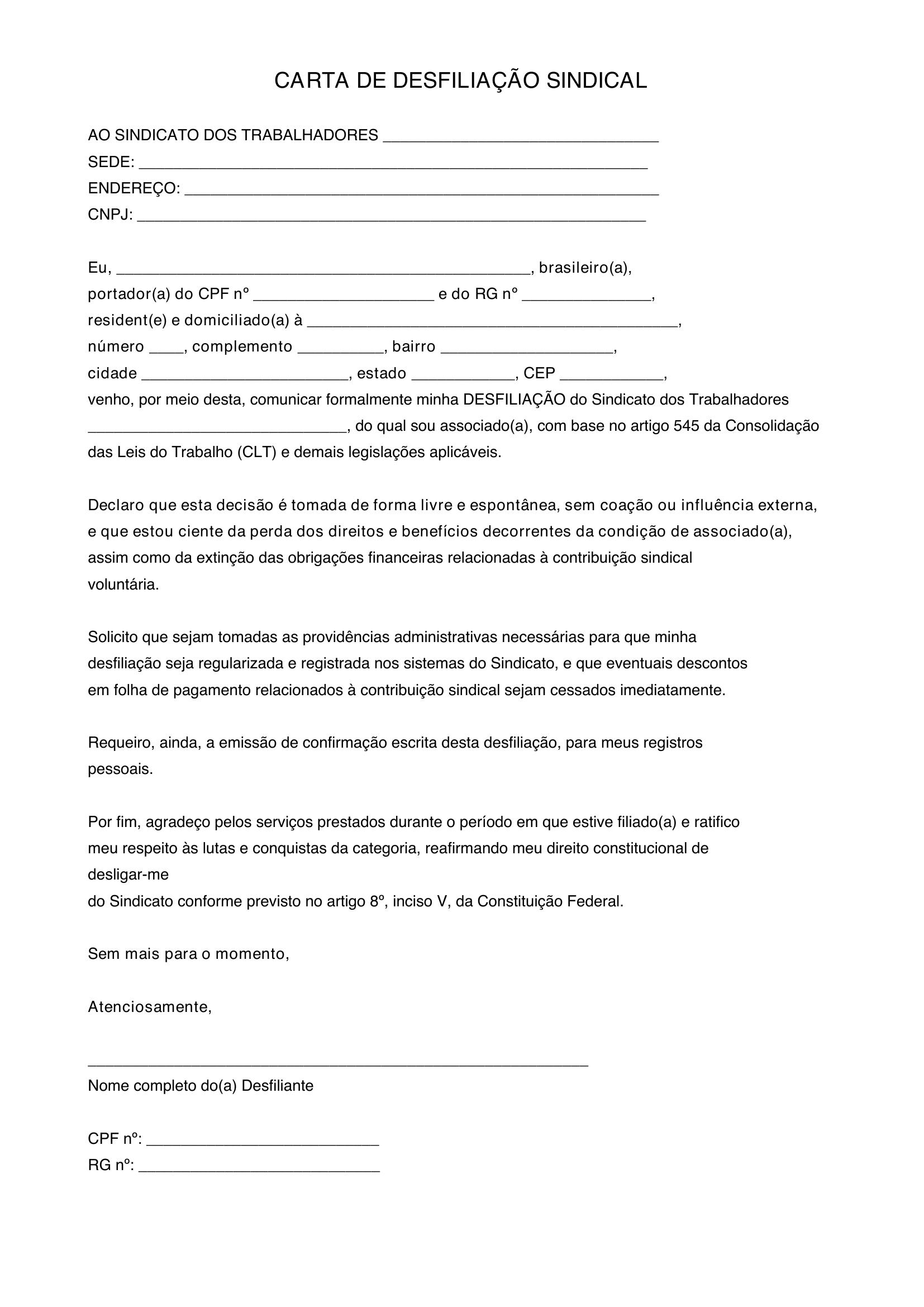 Modelo De Carta De Desfiliação Sindical