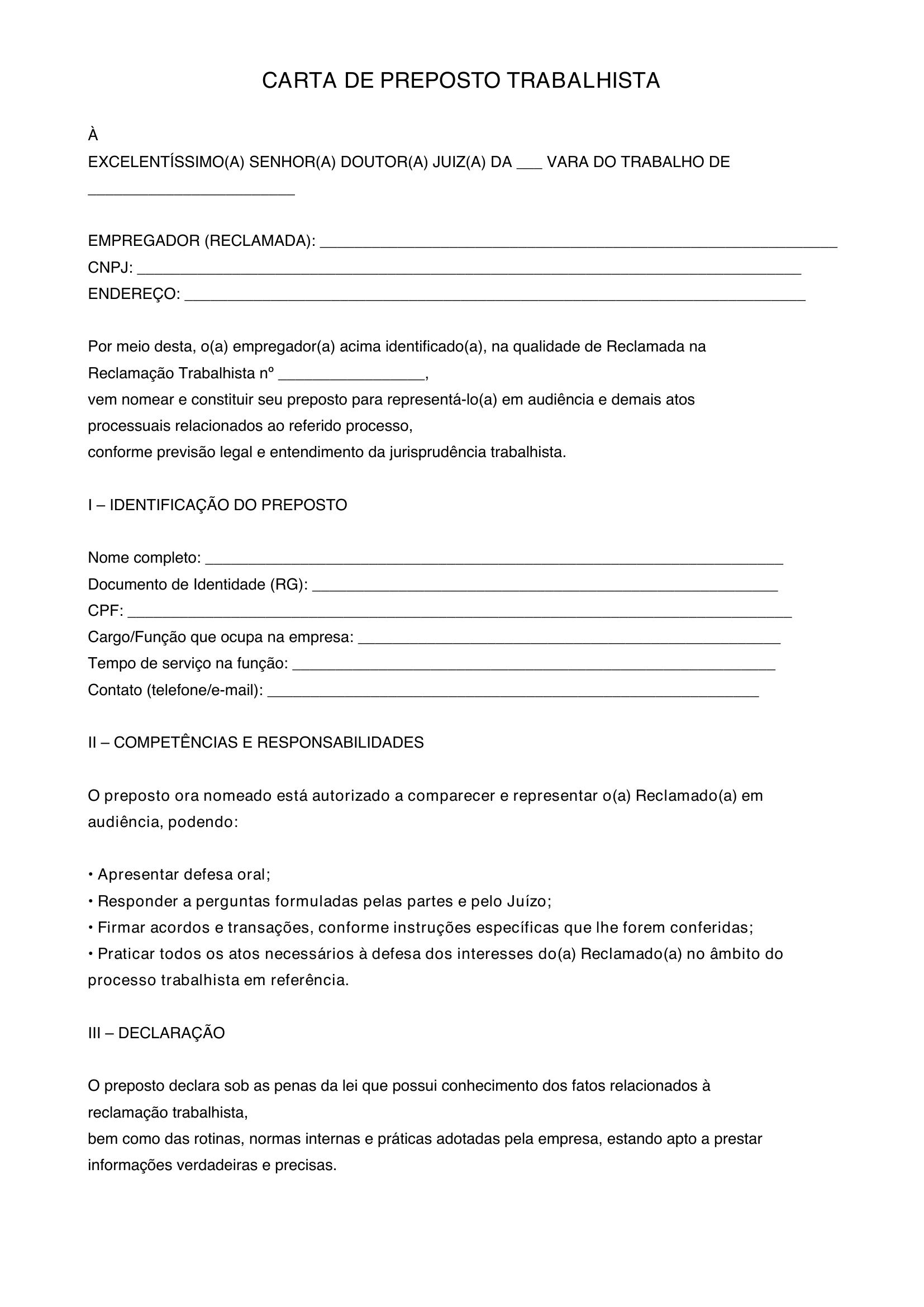 Modelo De Carta De Preposto Trabalhista