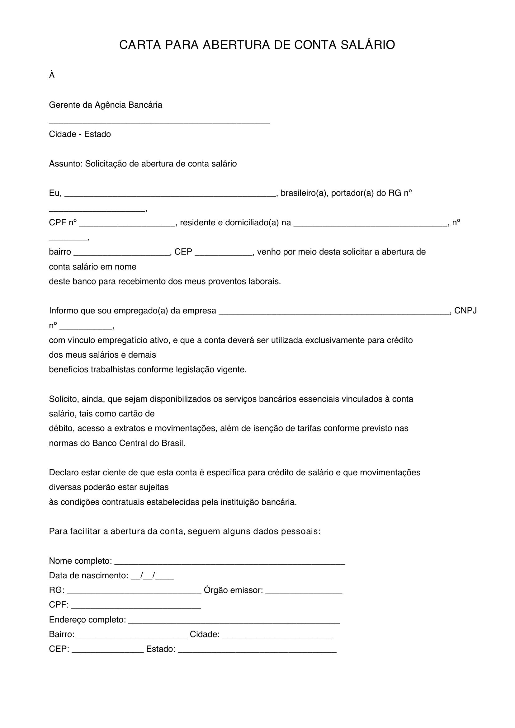 Modelo De Carta Para Abertura De Conta Salario