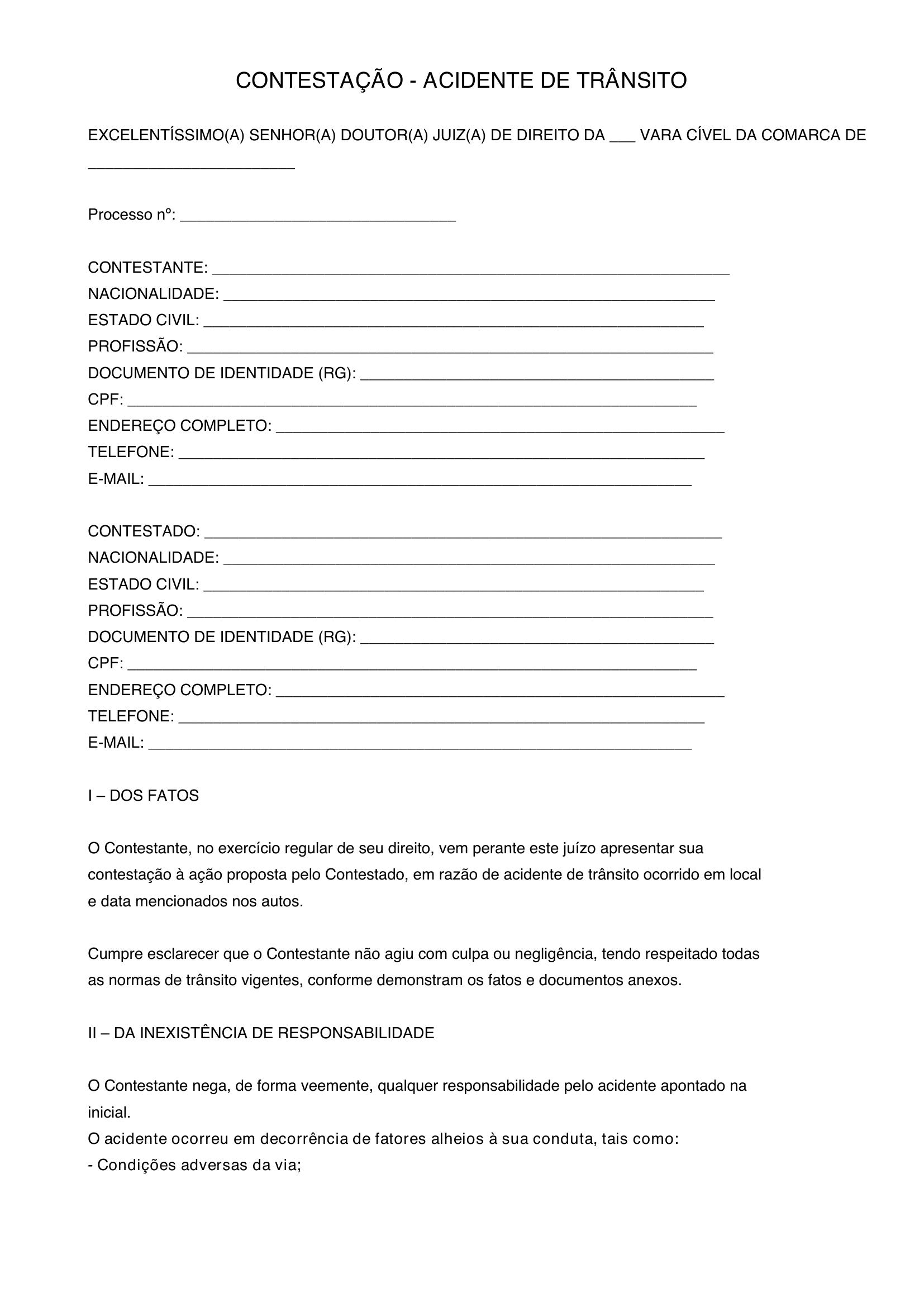 Modelo De Contestação Acidente De Transito