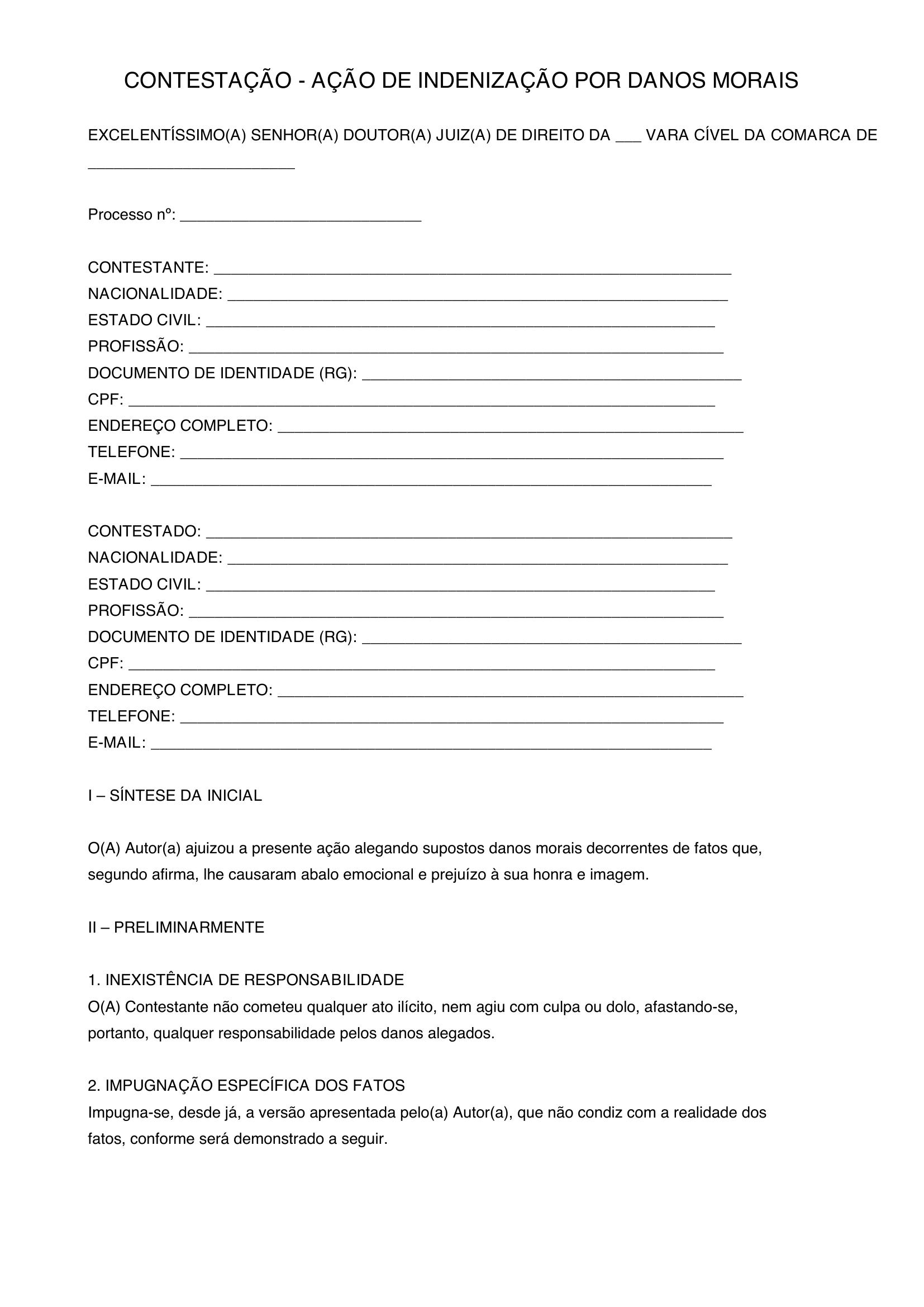 Modelo De Contestação Danos Morais