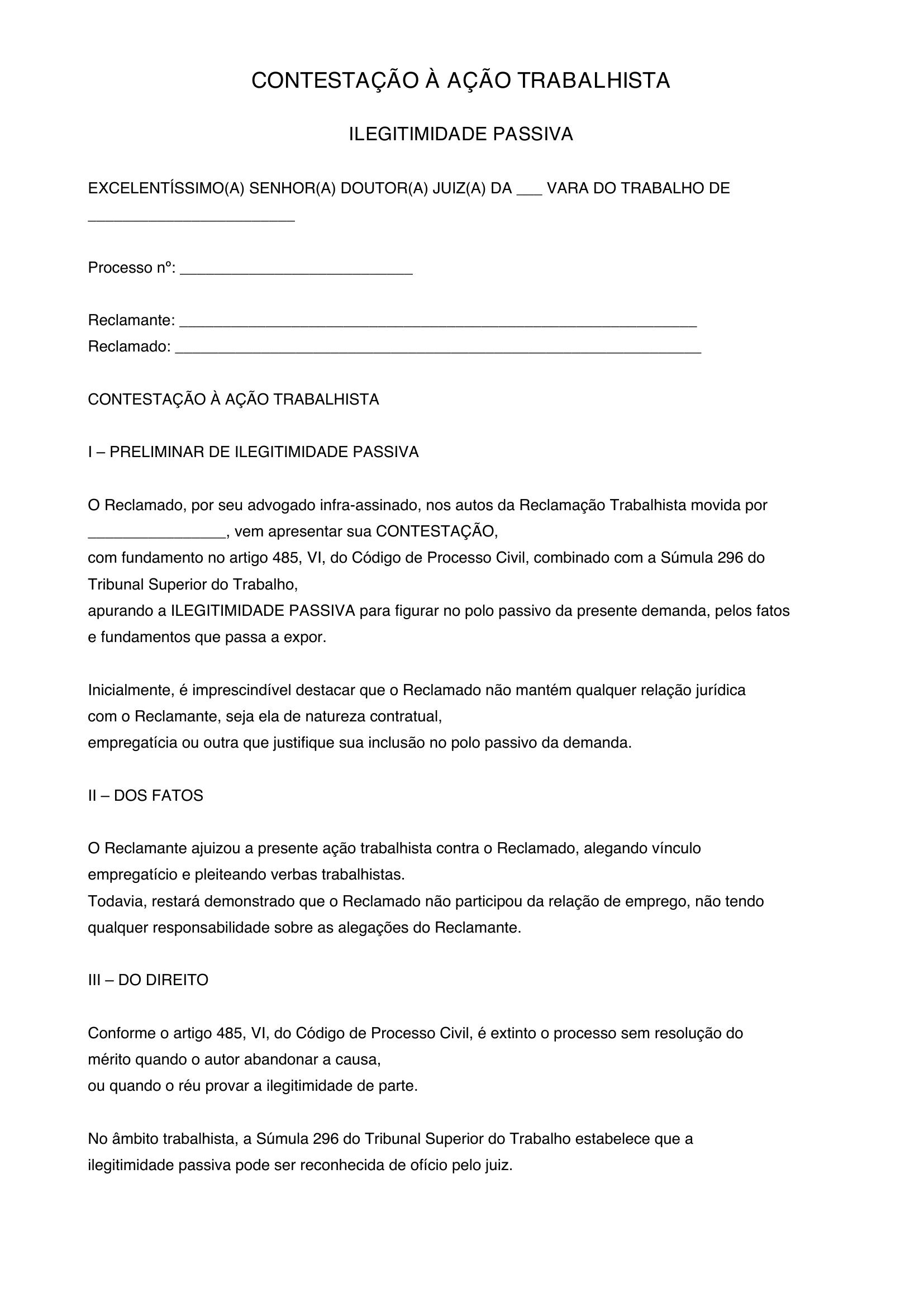 Modelo Contestação Ilegitimidade Passiva