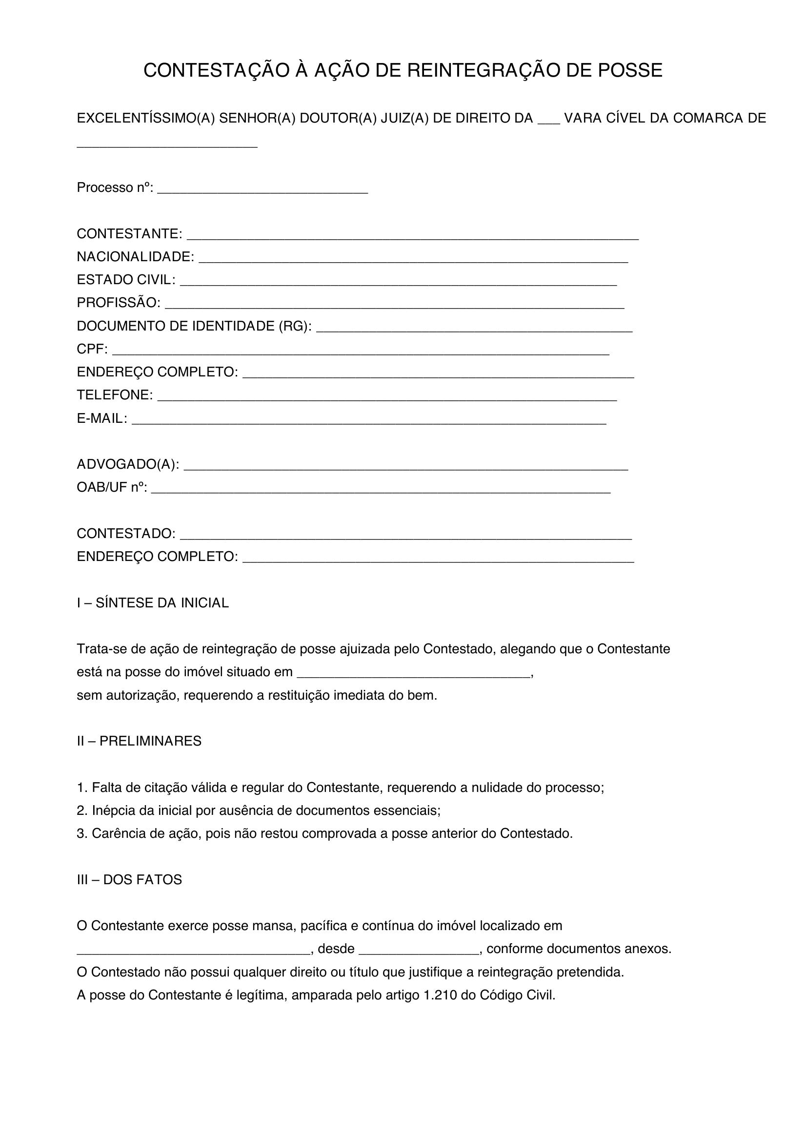 Modelo Contestação Reintegração De Posse