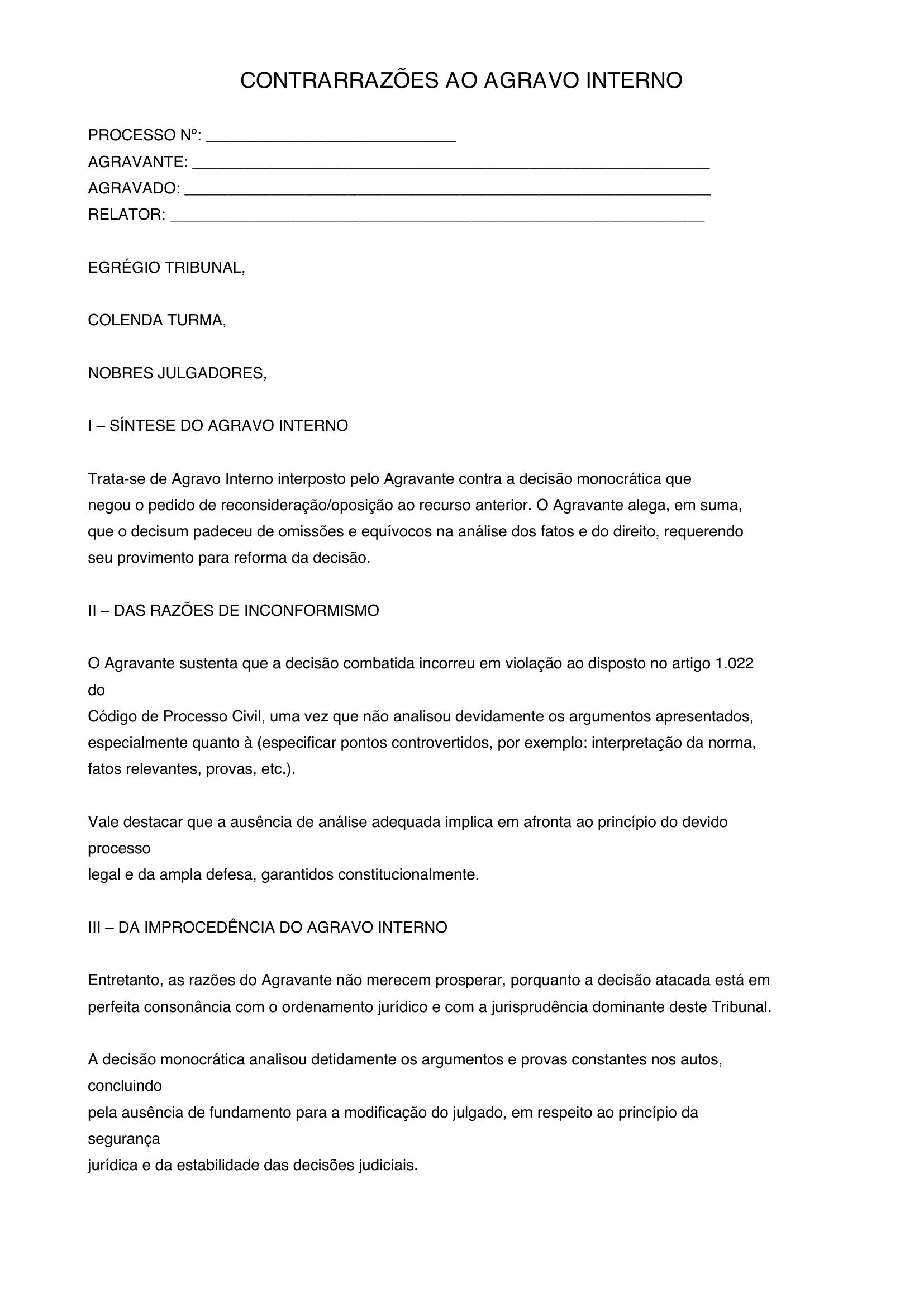 Modelo De Contrarrazões Ao Agravo Interno