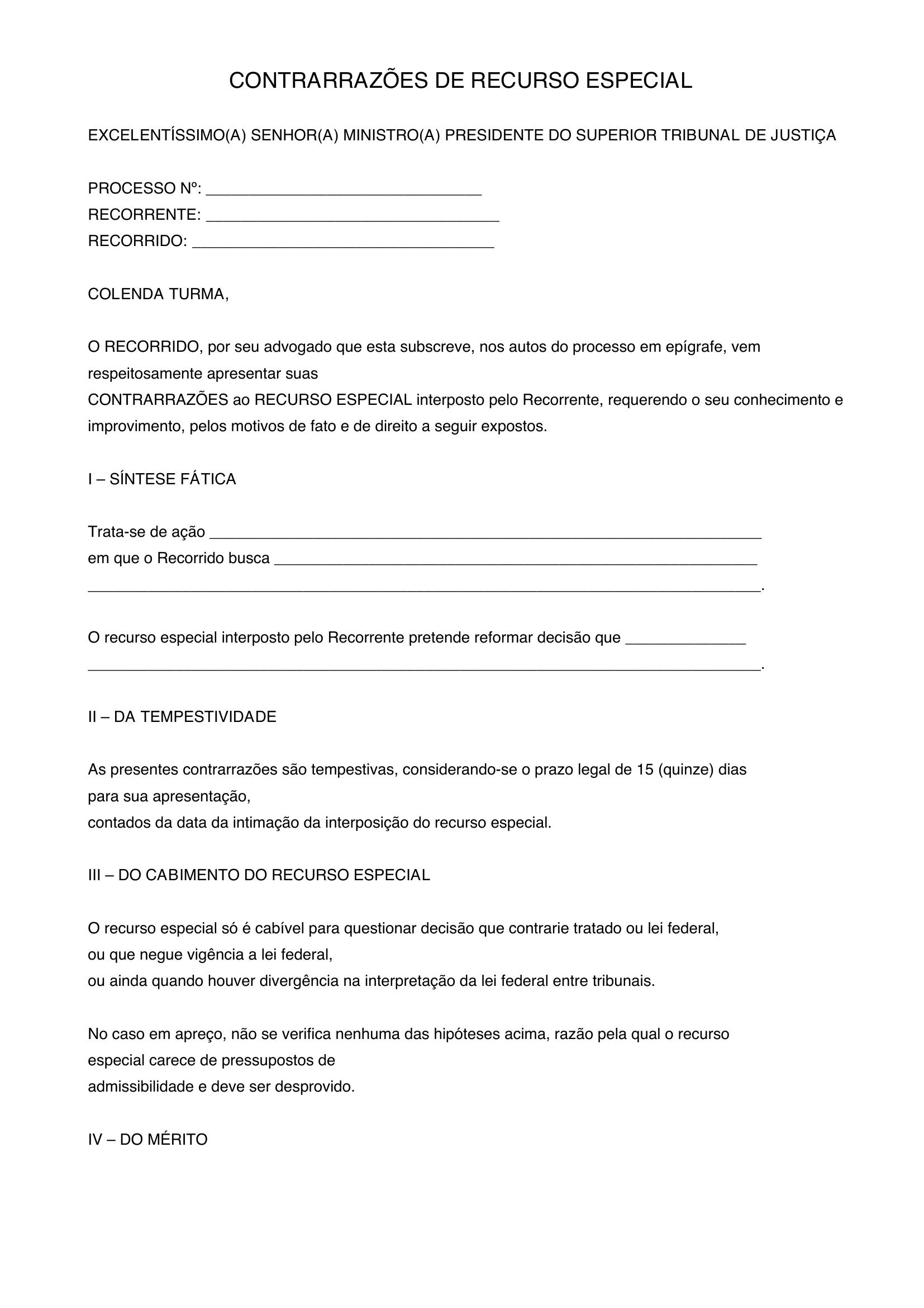 Modelo De Contrarrazões De Recurso Especial