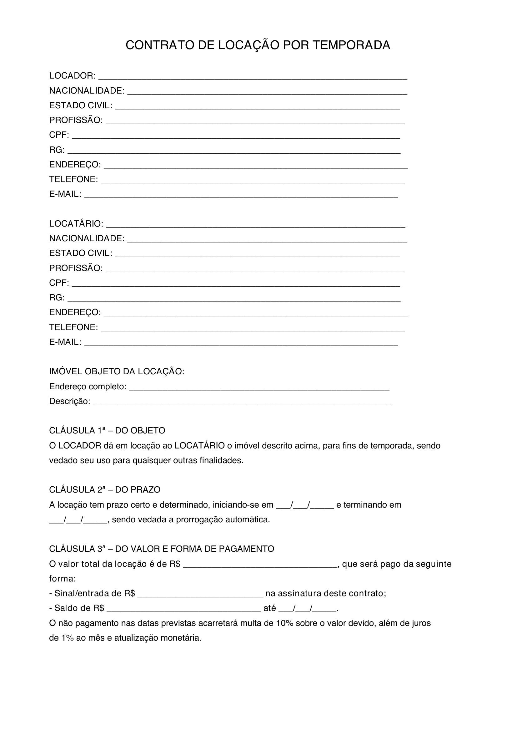 Modelo De Contrato De Aluguel Por Temporada