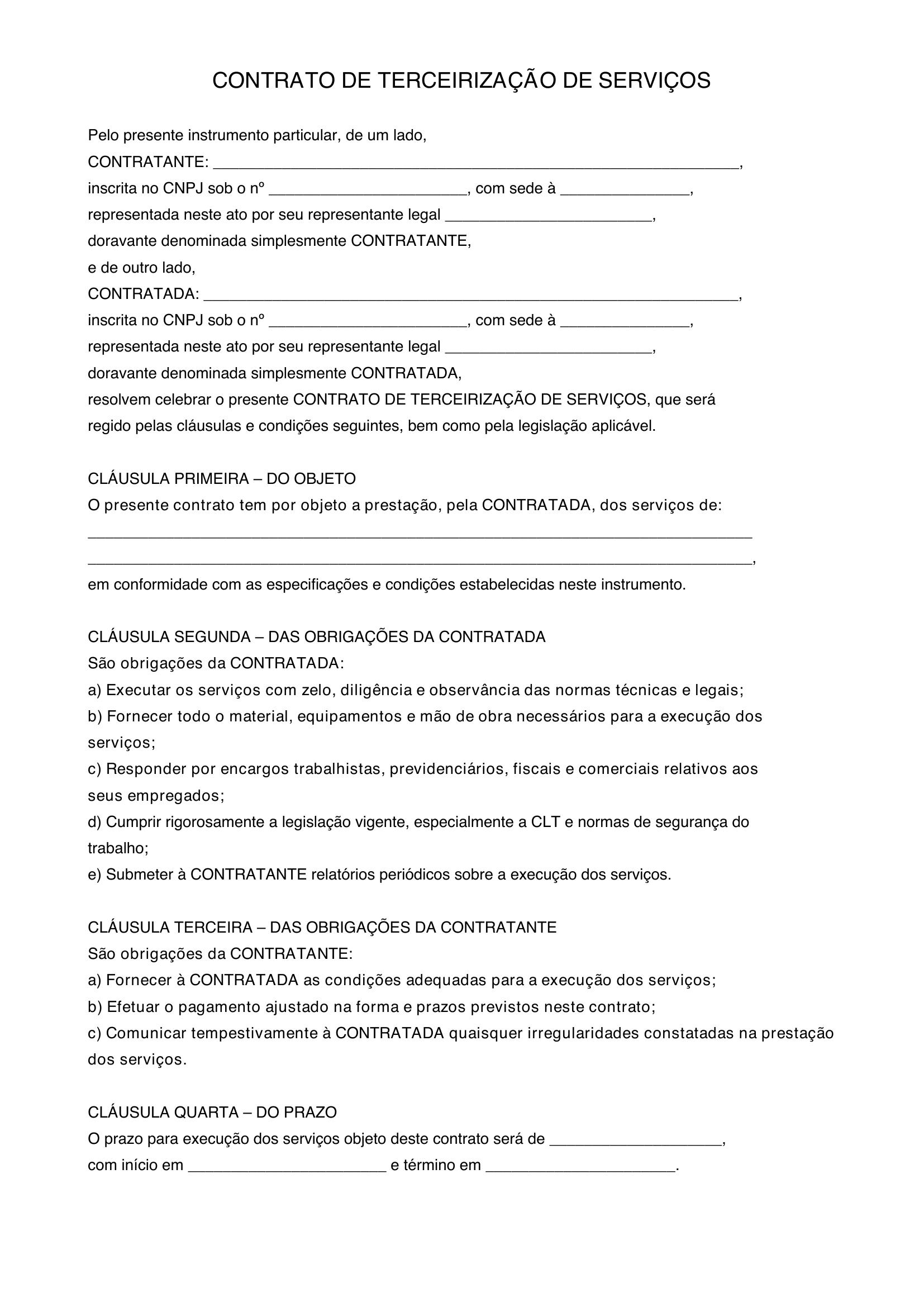 Modelo De Contrato De Terceirização