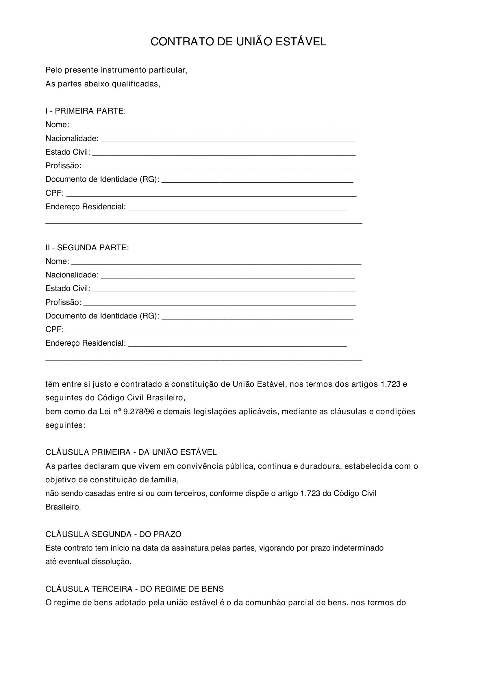 Modelo De Contrato De União Estável