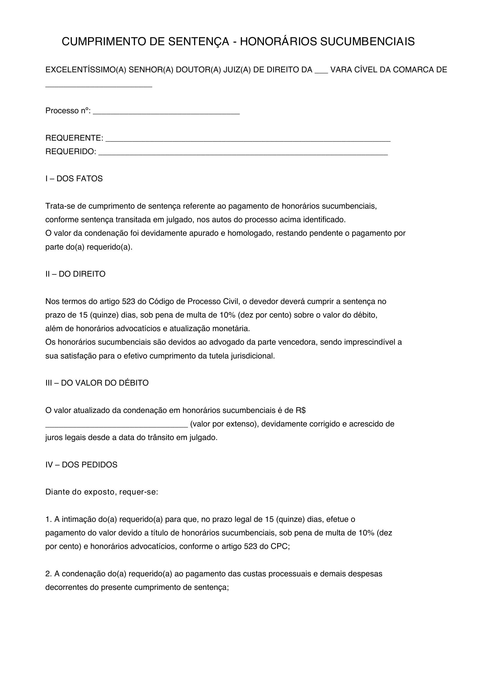 Modelo Cumprimento De Sentença Honorários Sucumbenciais
