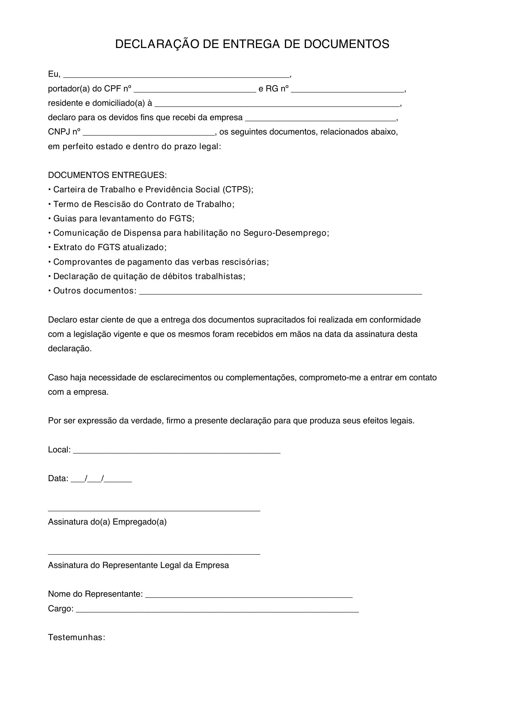 Modelo De Declaração De Entrega De Documentos