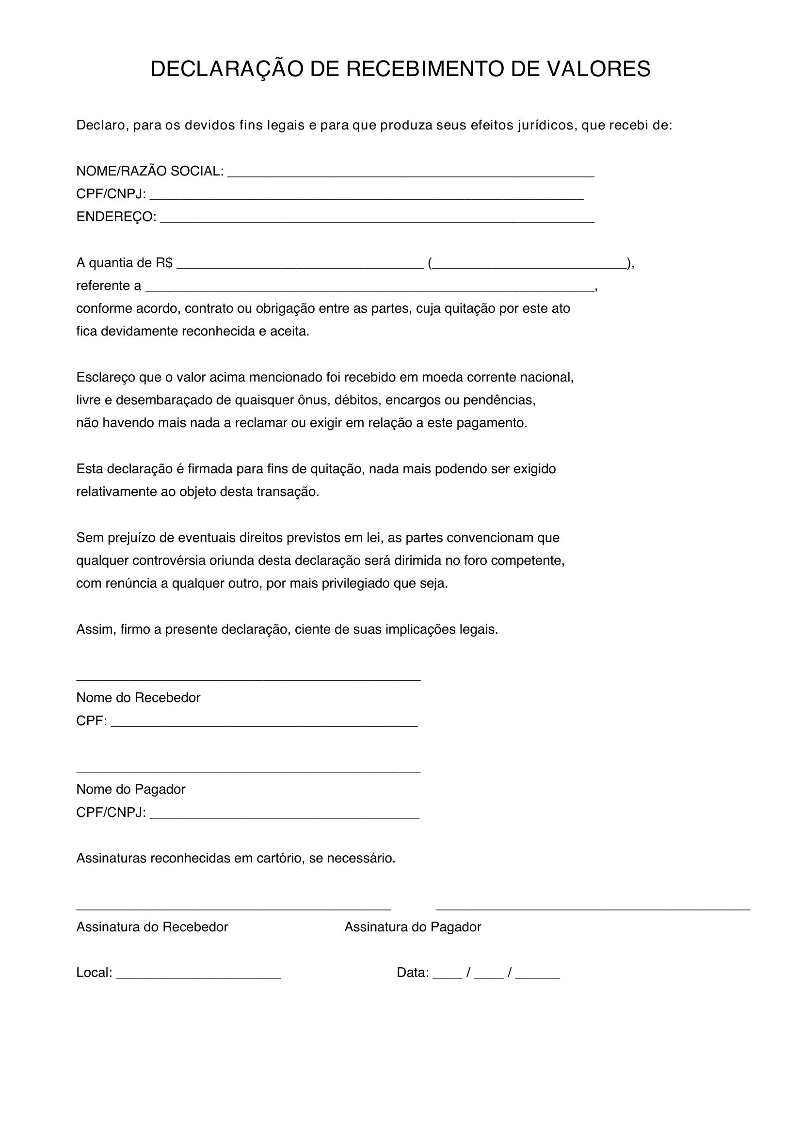 Modelo De Declaração De Recebimento De Valores