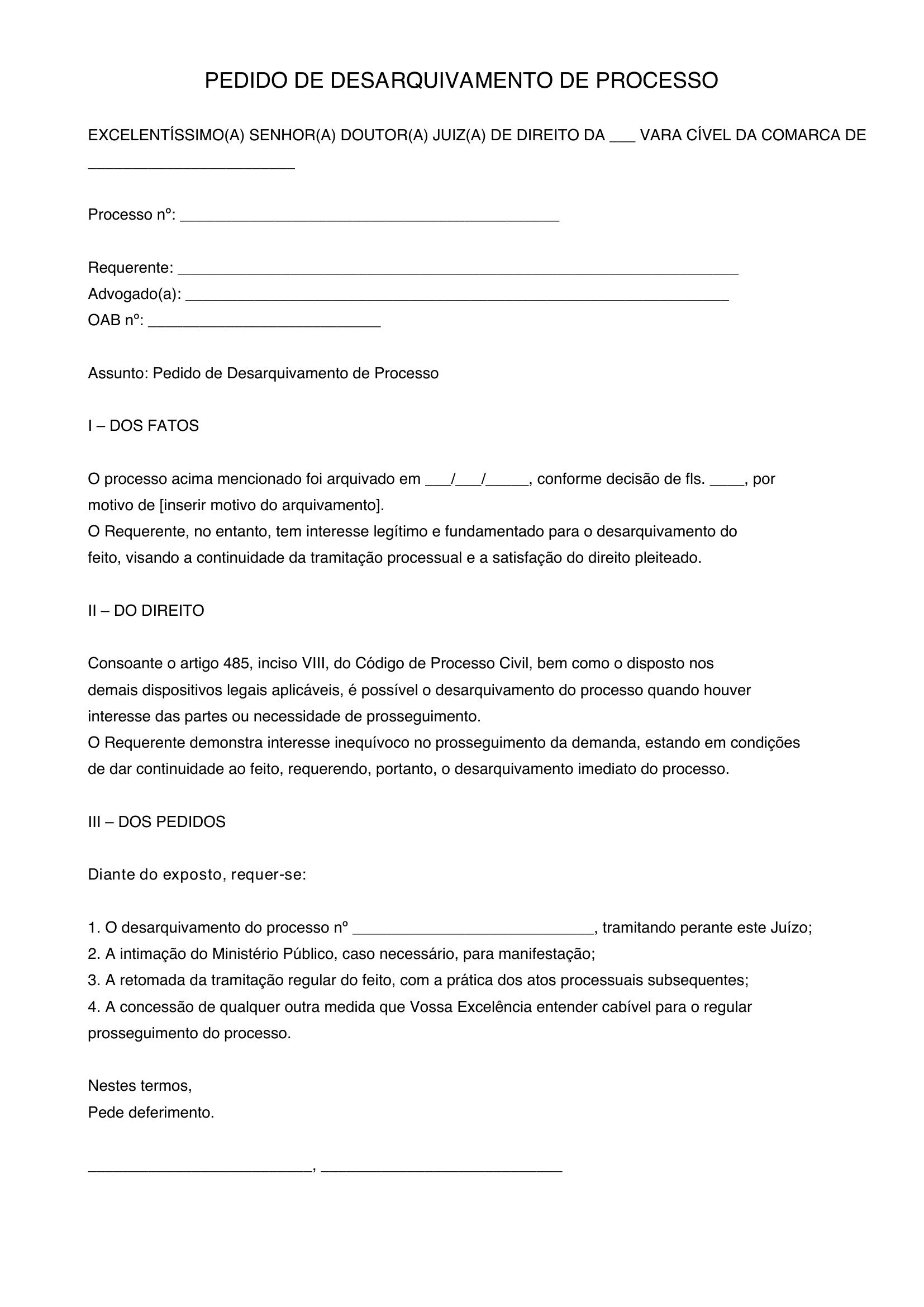 Modelo De Desarquivamento De Processo