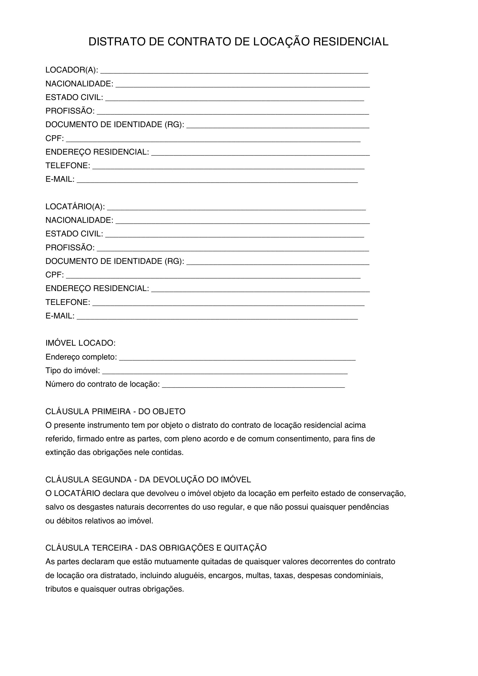 Modelo De Distrato De Aluguel