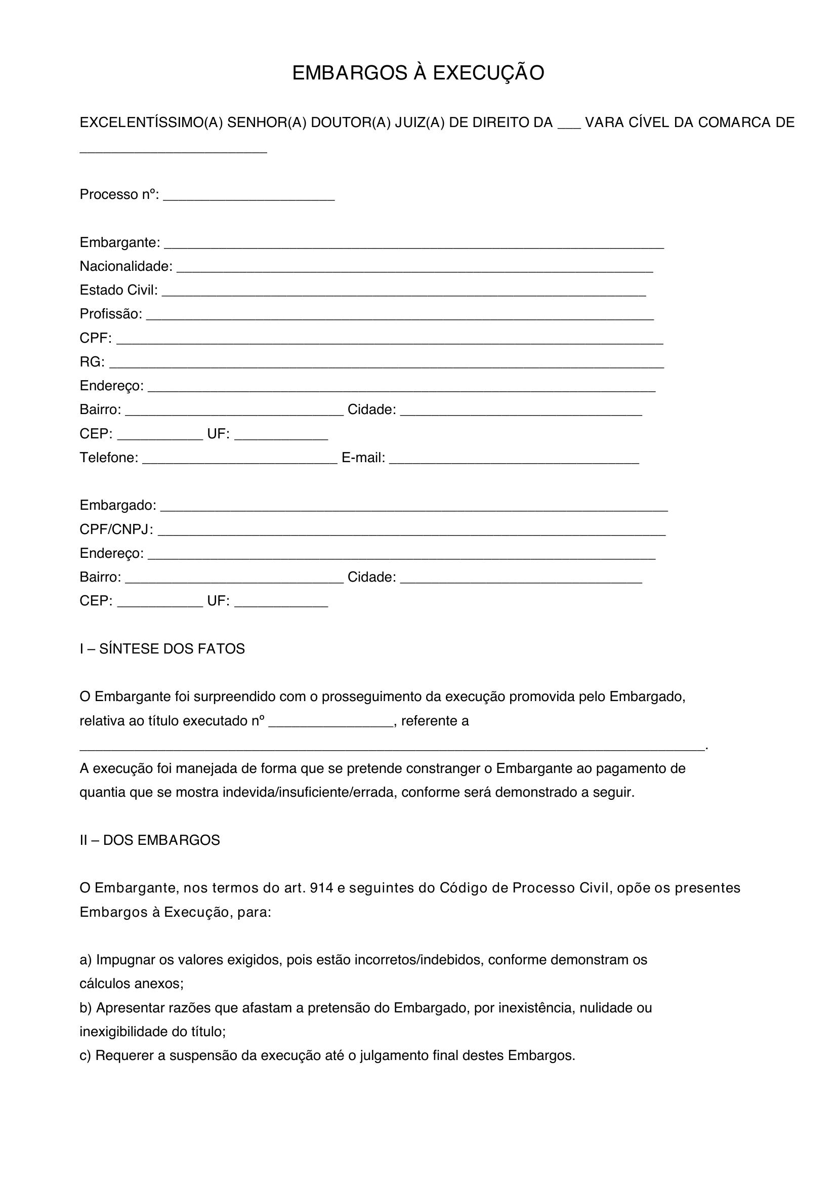 Modelo De Embargos A Execução