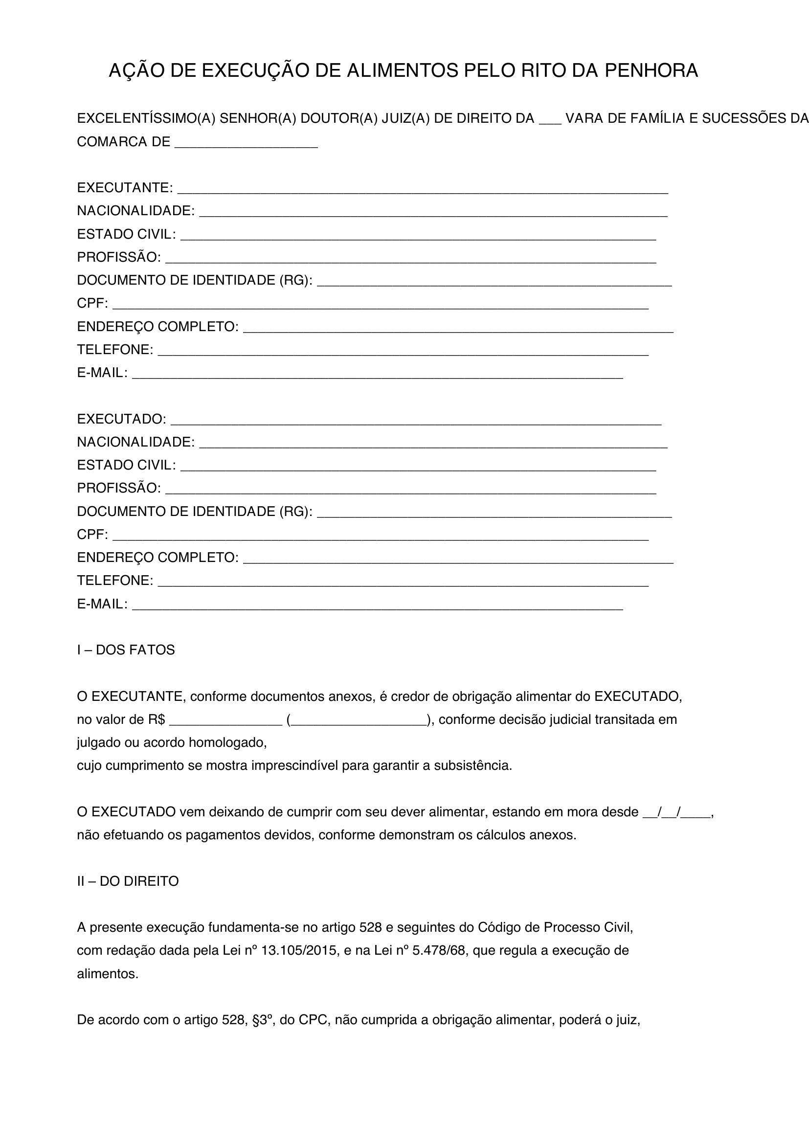 Modelo De Execução De Alimentos Pelo Rito Da Penhora