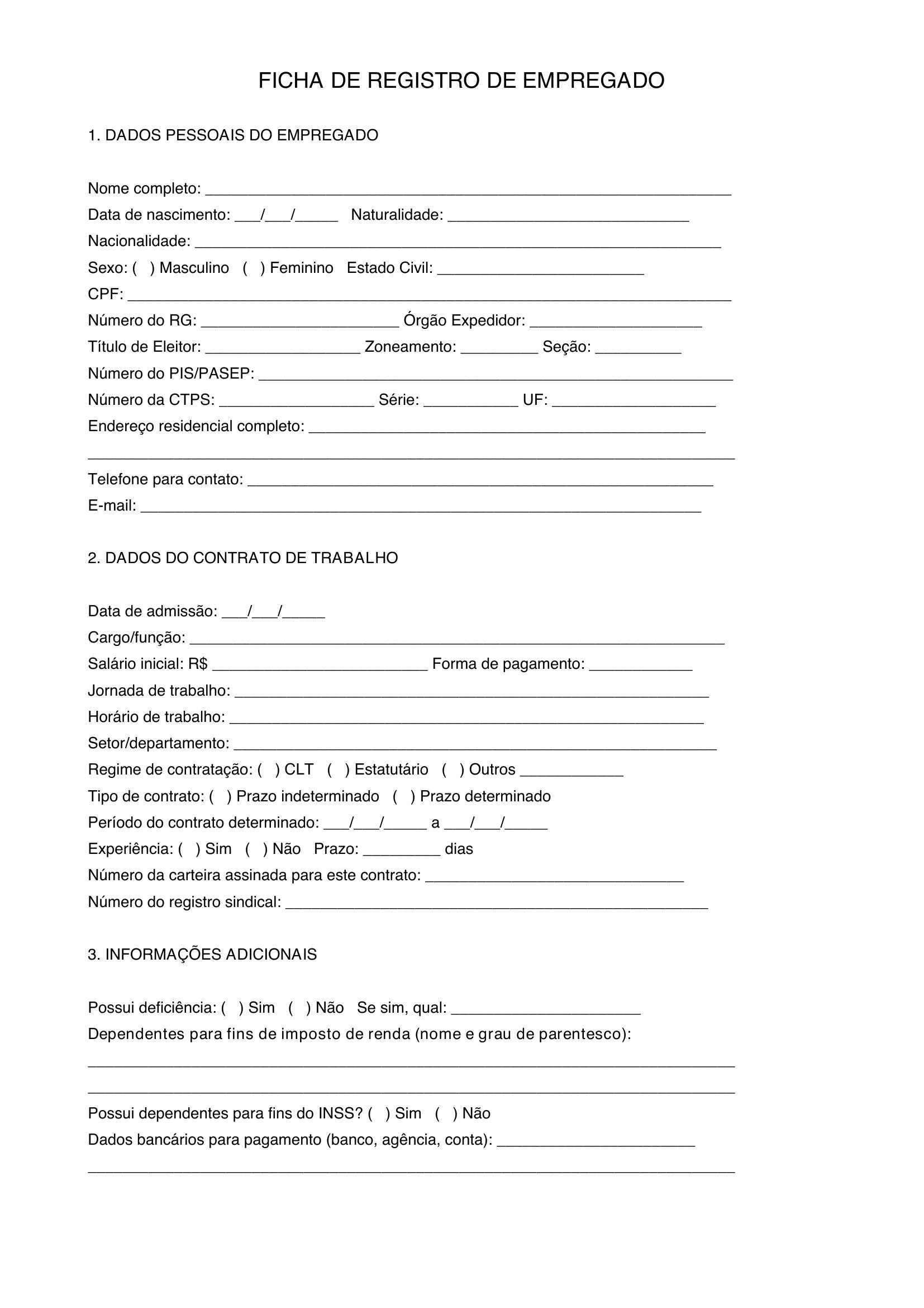 Modelo De Ficha De Registro De Empregado