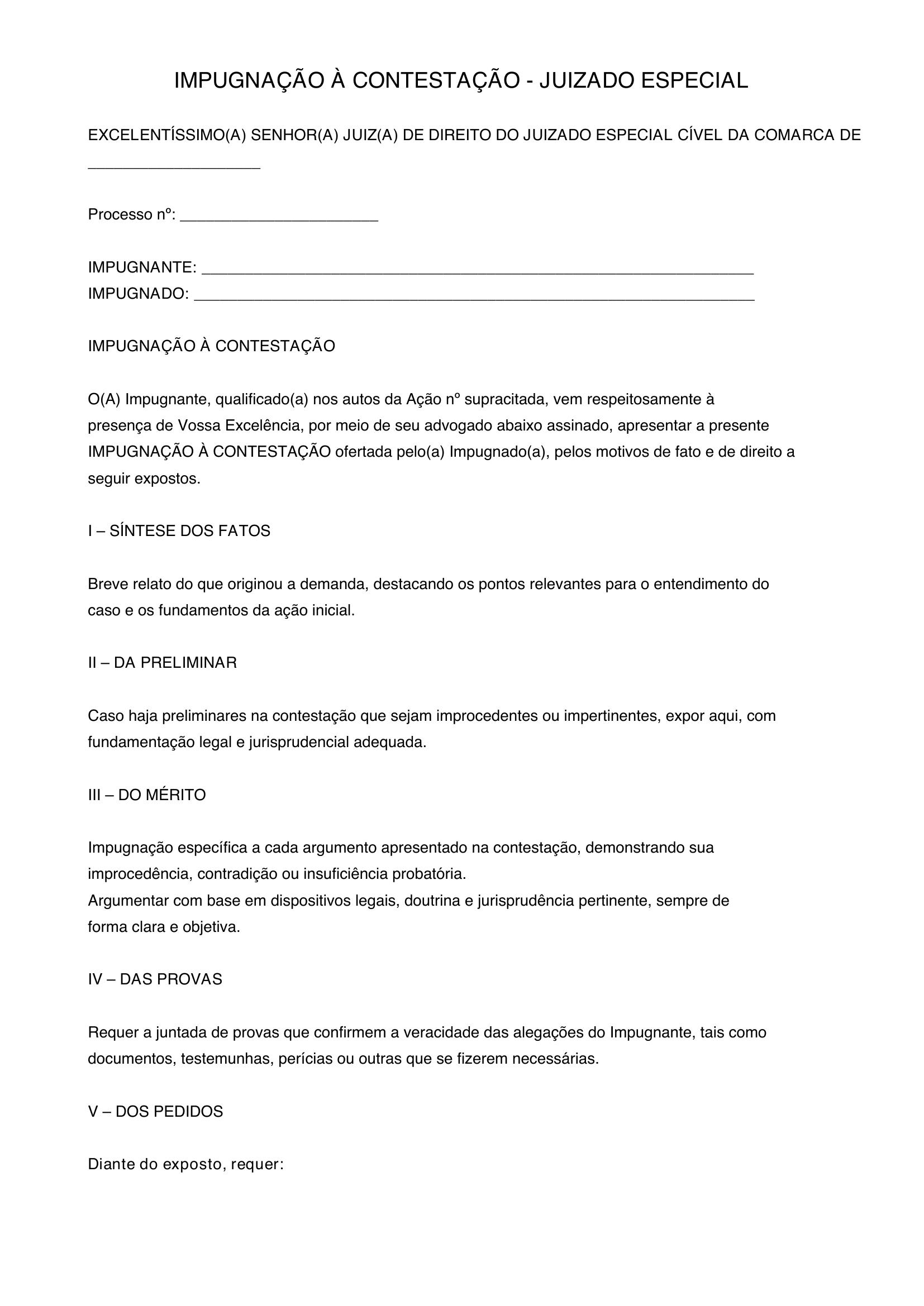 Modelo De Impugnação A Contestação Juizado Especial