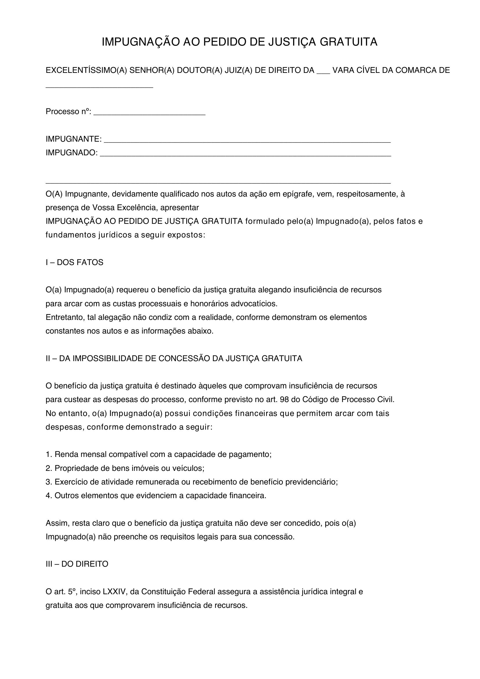 Modelo De Impugnação Ao Pedido De Justiça Gratuita