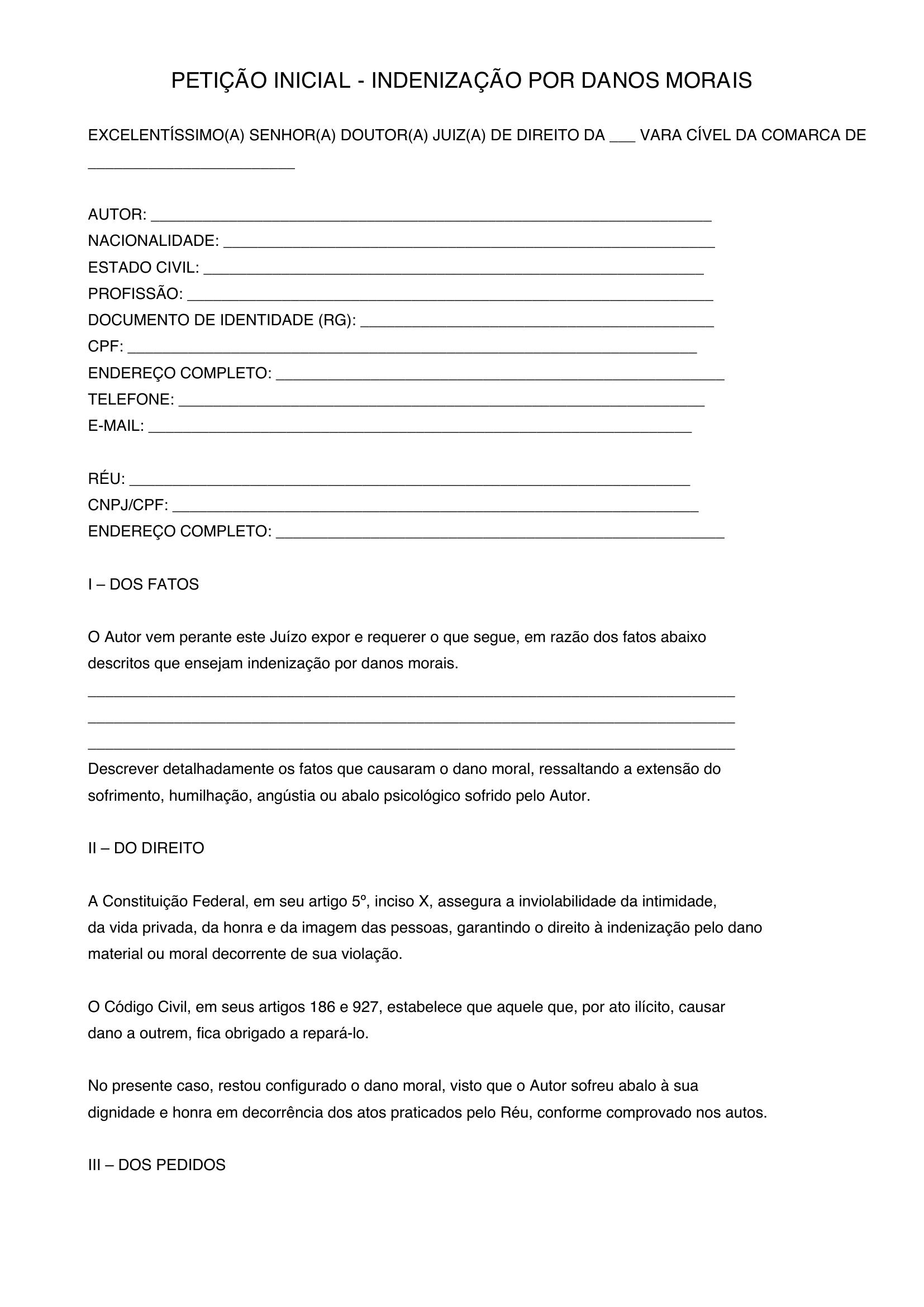 Modelo De Indenização Por Danos Morais