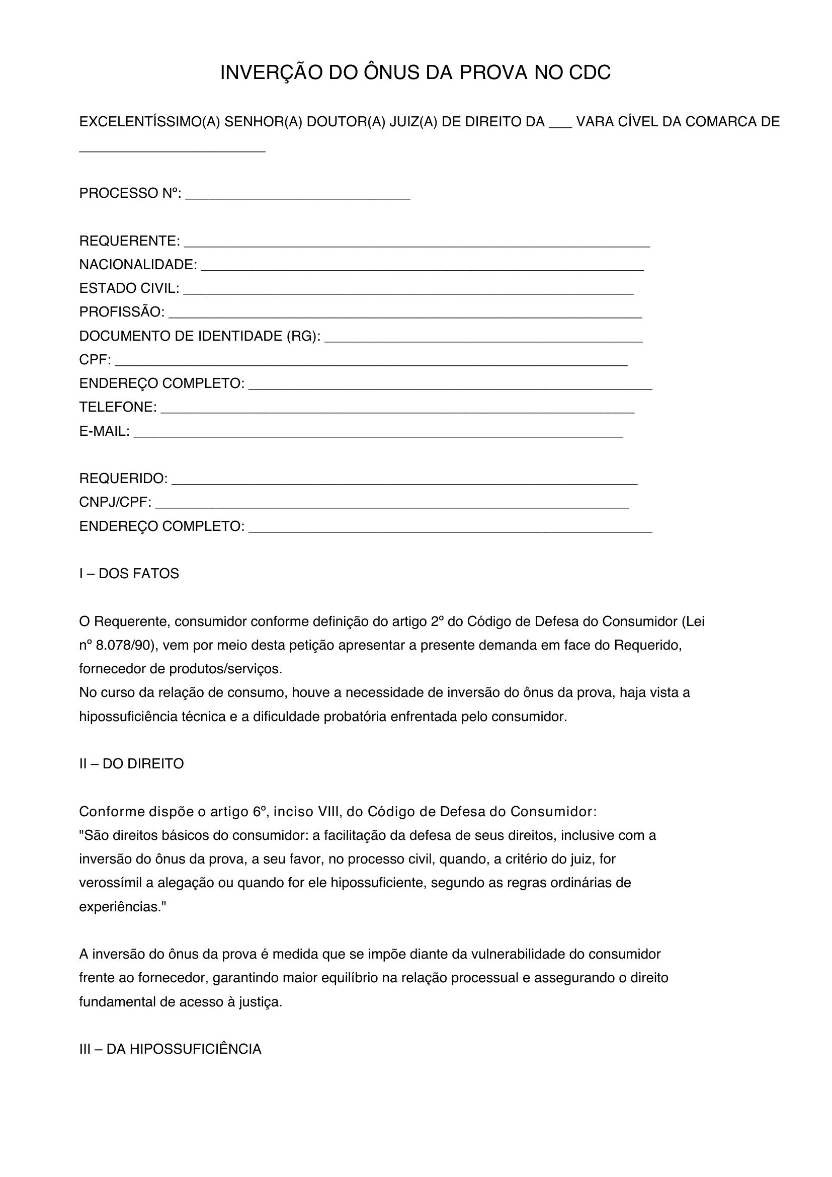 Inversão Do Ônus Da Prova Cdc Modelo