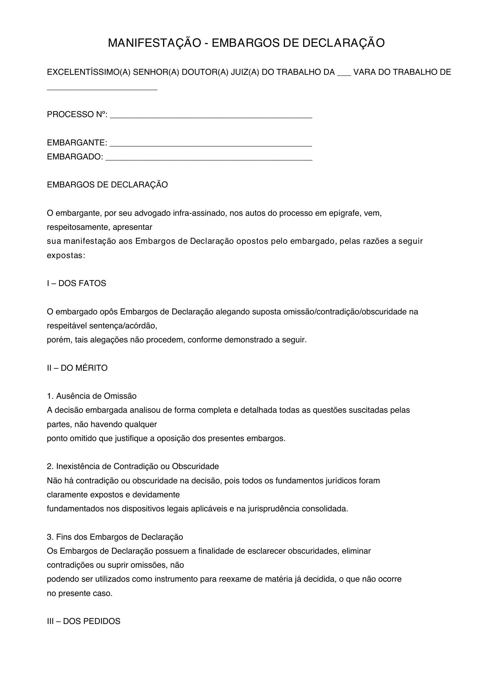 Modelo Manifestação Embargos De Declaração