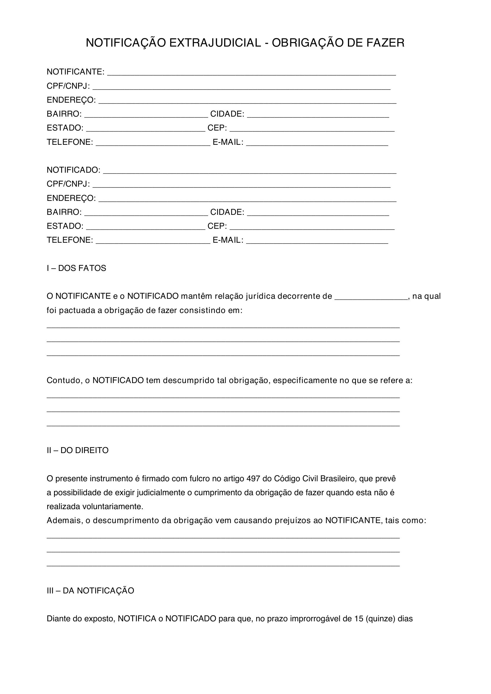 Modelo Notificação Extrajudicial Obrigação De Fazer