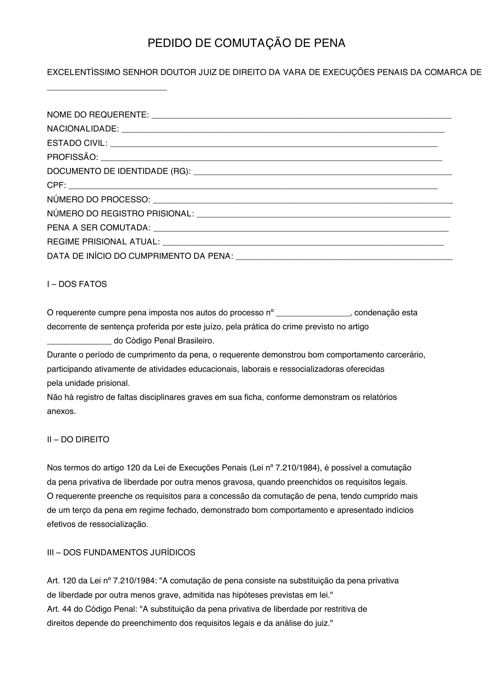 Modelo De Pedido De Comutação De Pena