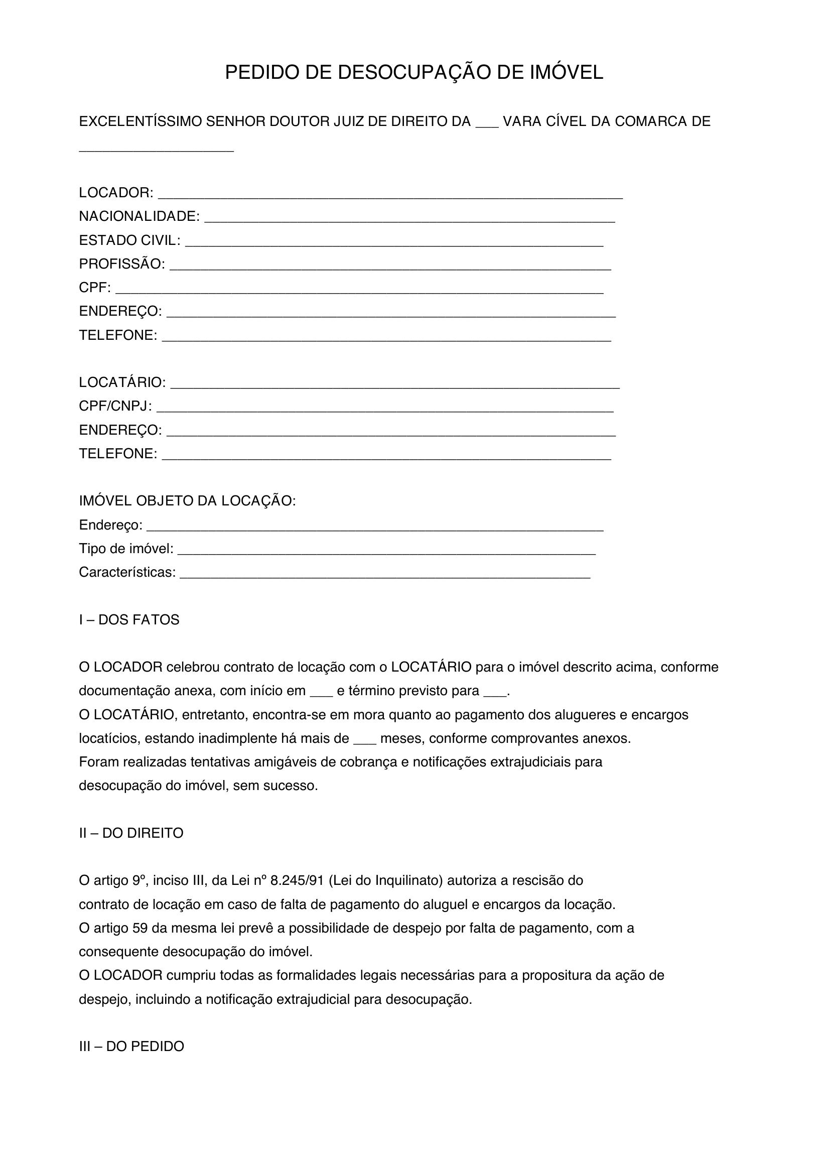 Modelo De Pedido De Desocupação De Imóvel