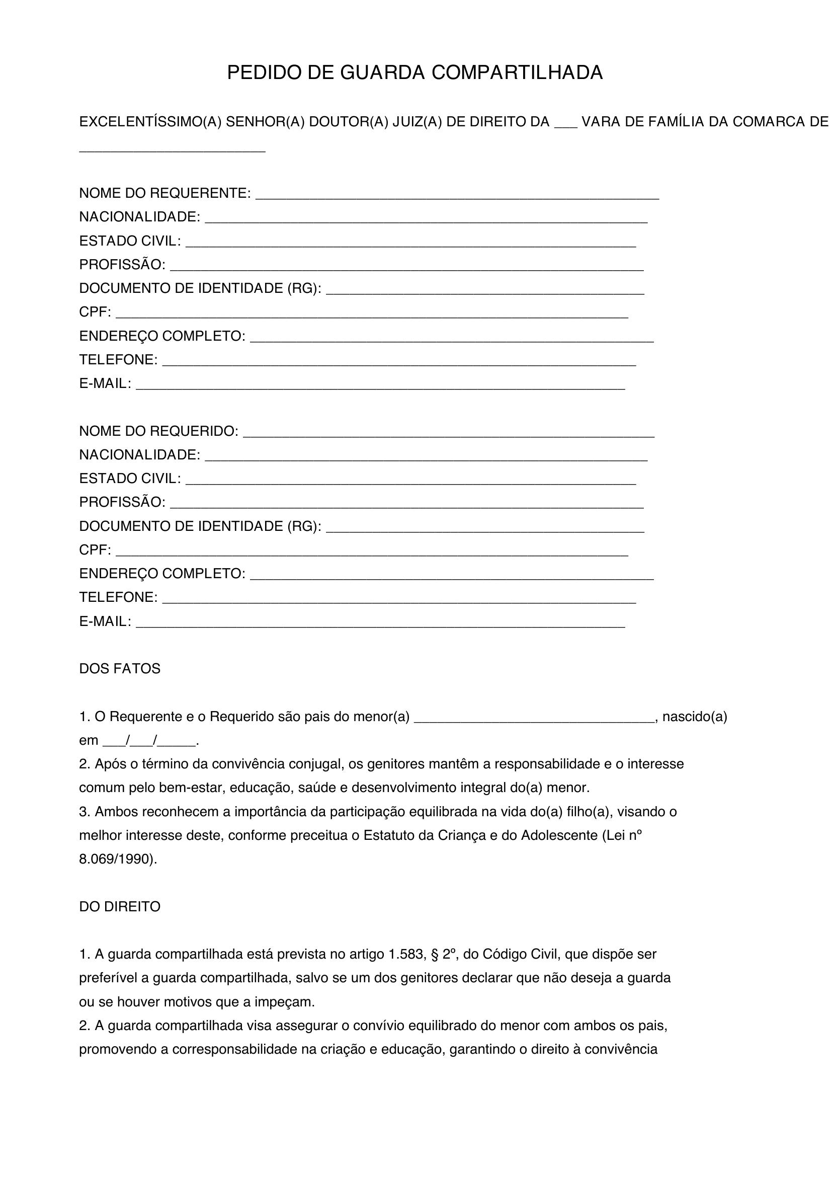 Modelo De Pedido De Guarda Compartilhada