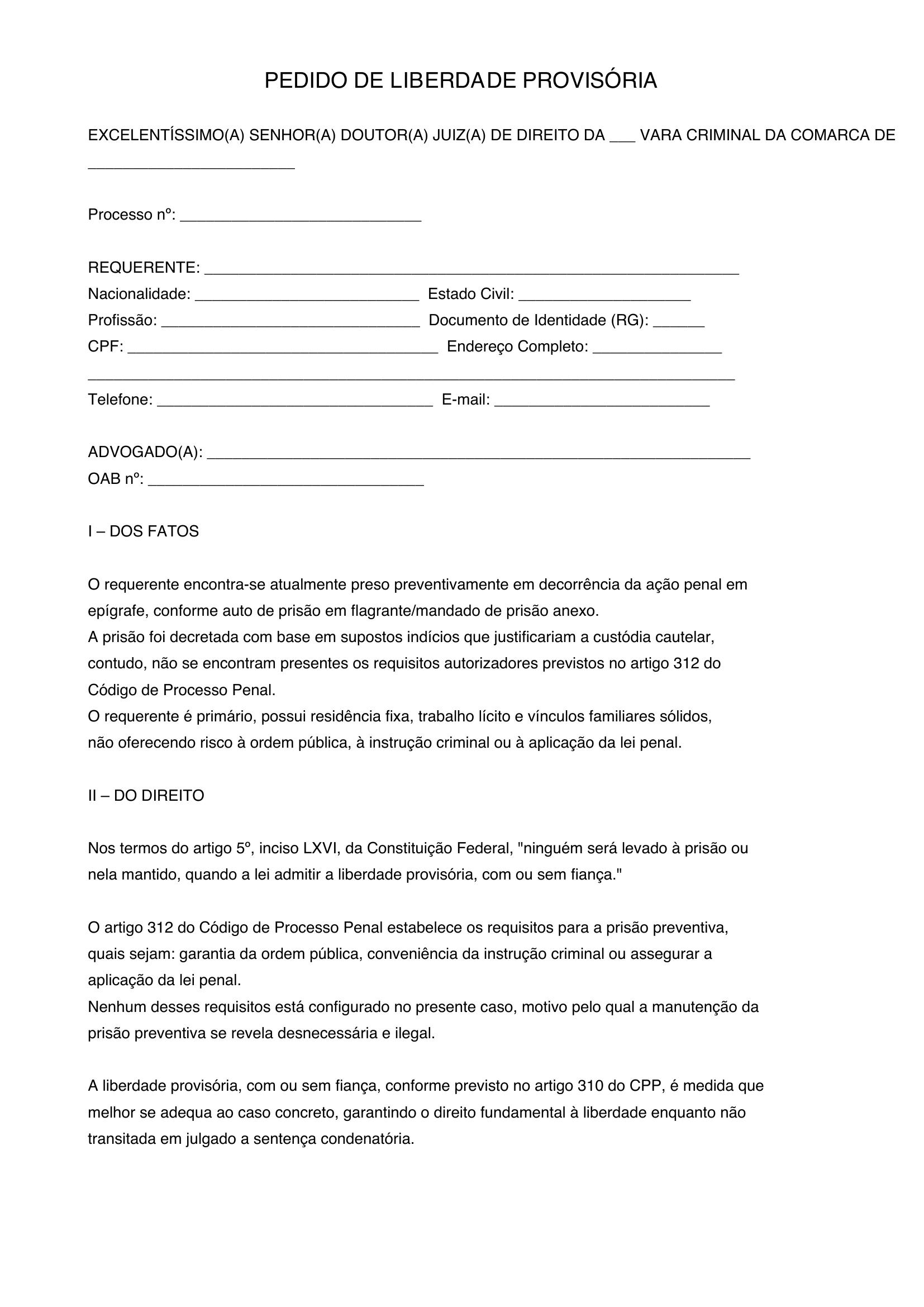 Modelo De Pedido De Liberdade Provisória