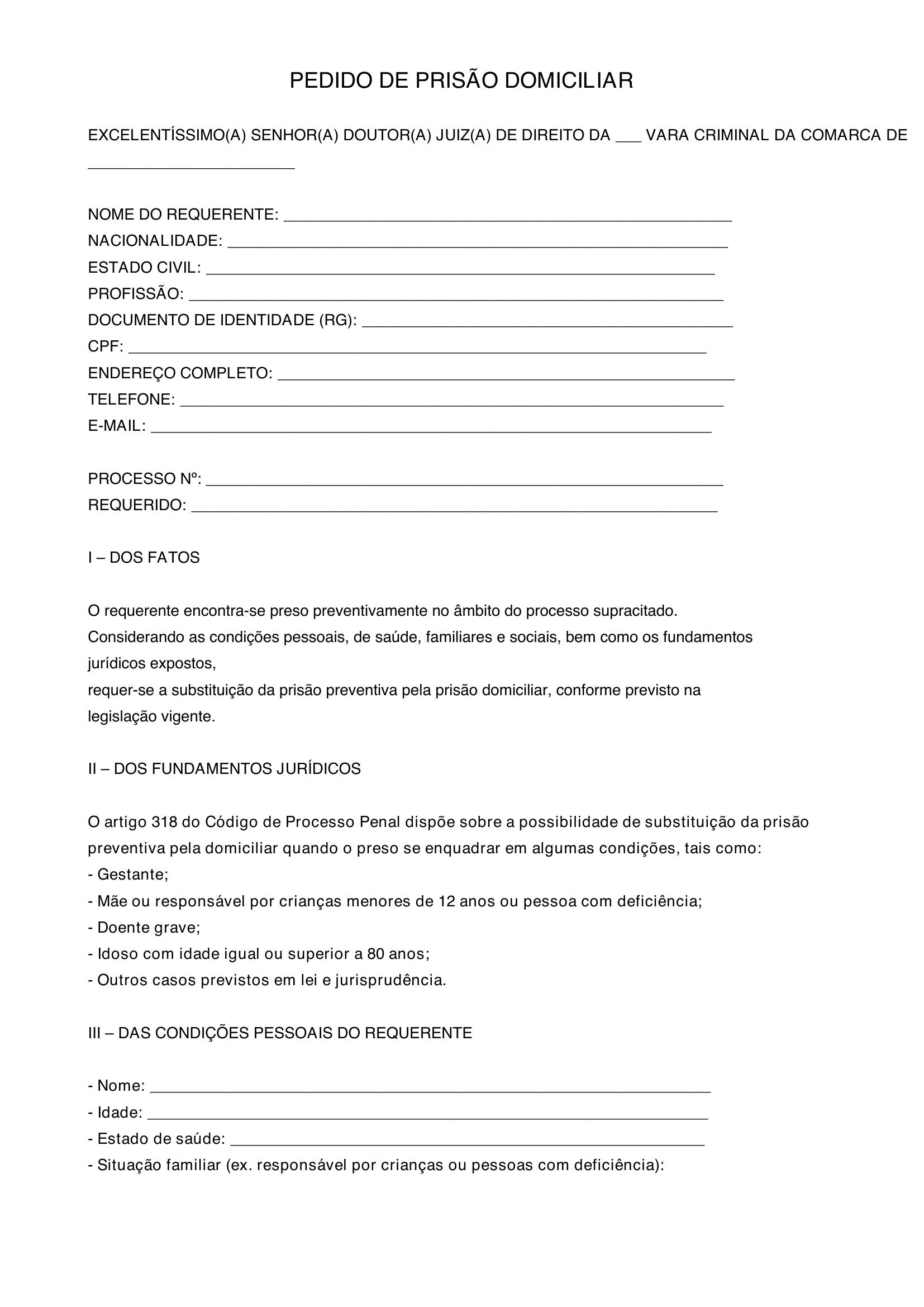 Modelo De Pedido De Prisão Domiciliar