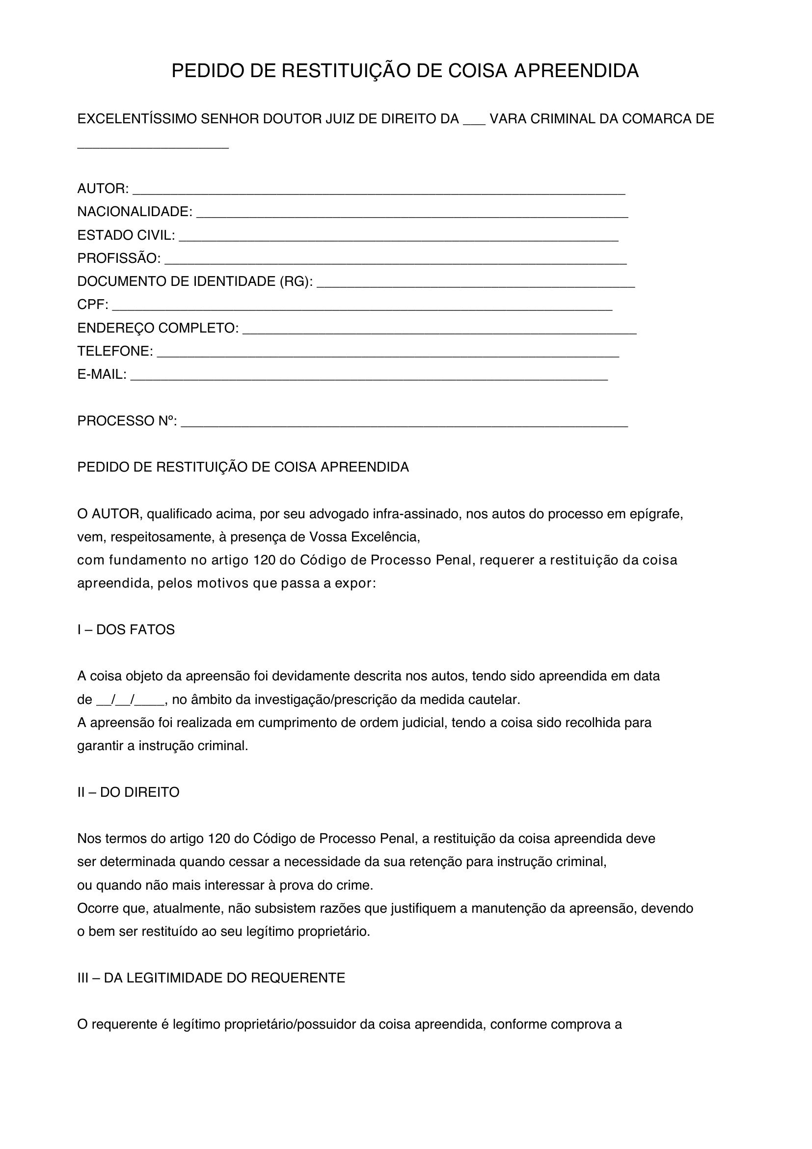 Modelo De Pedido De Restituição De Coisa Apreendida