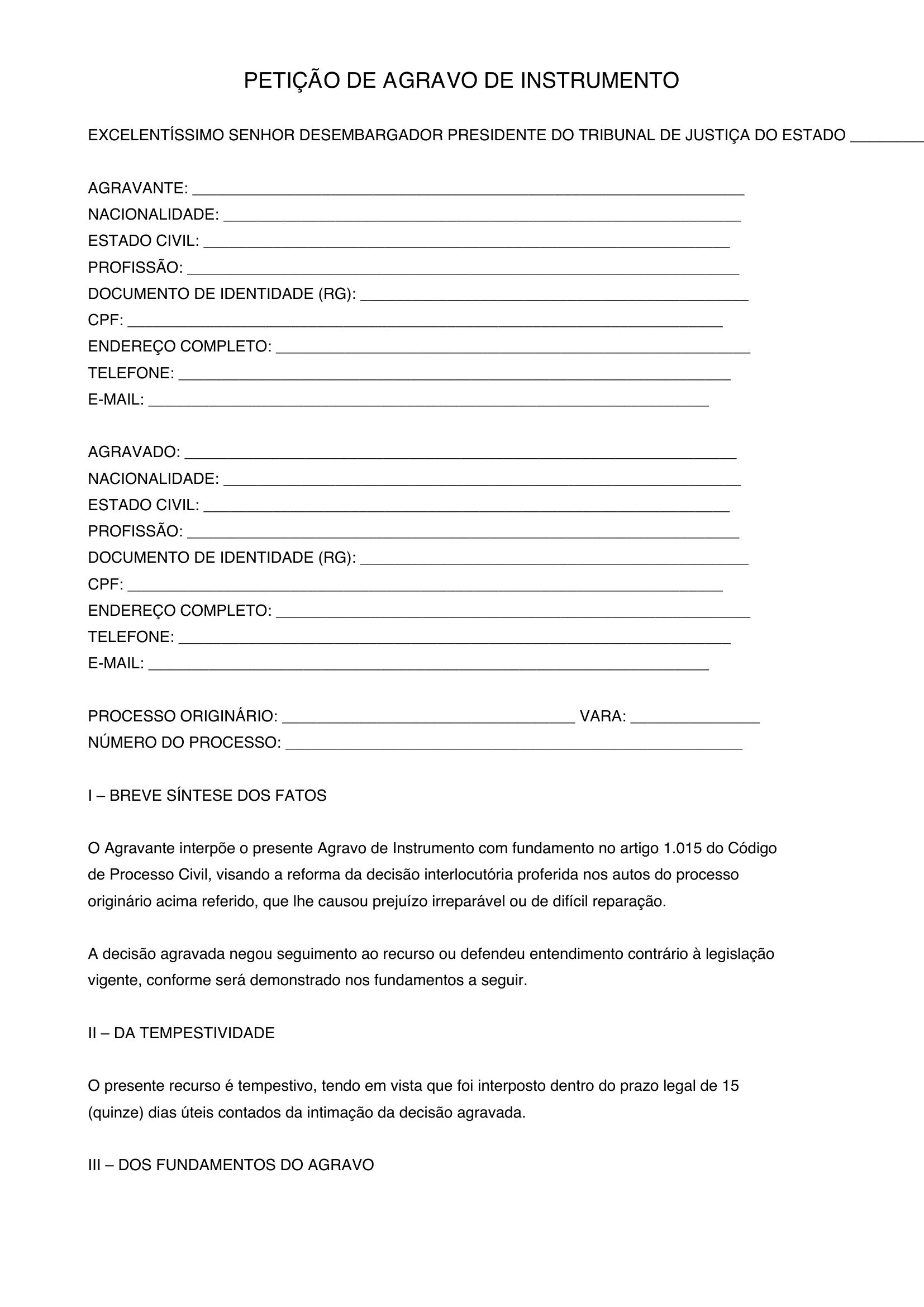 Modelo De Petição De Agravo De Instrumento