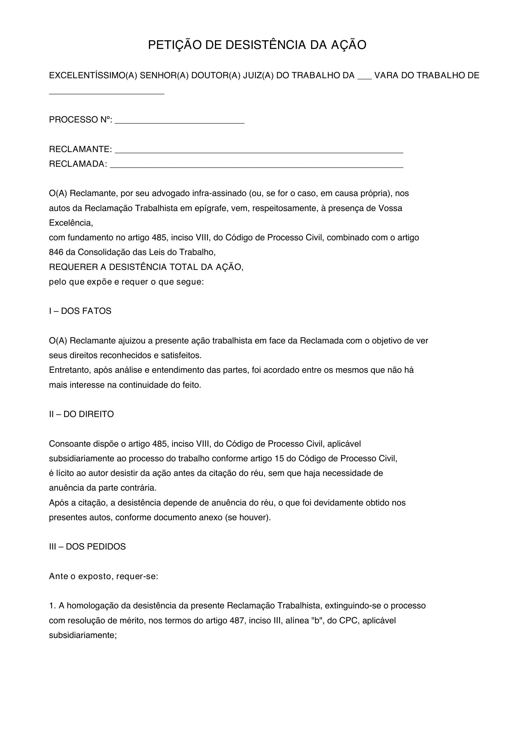 Modelo De Petição De Desistencia Da Ação