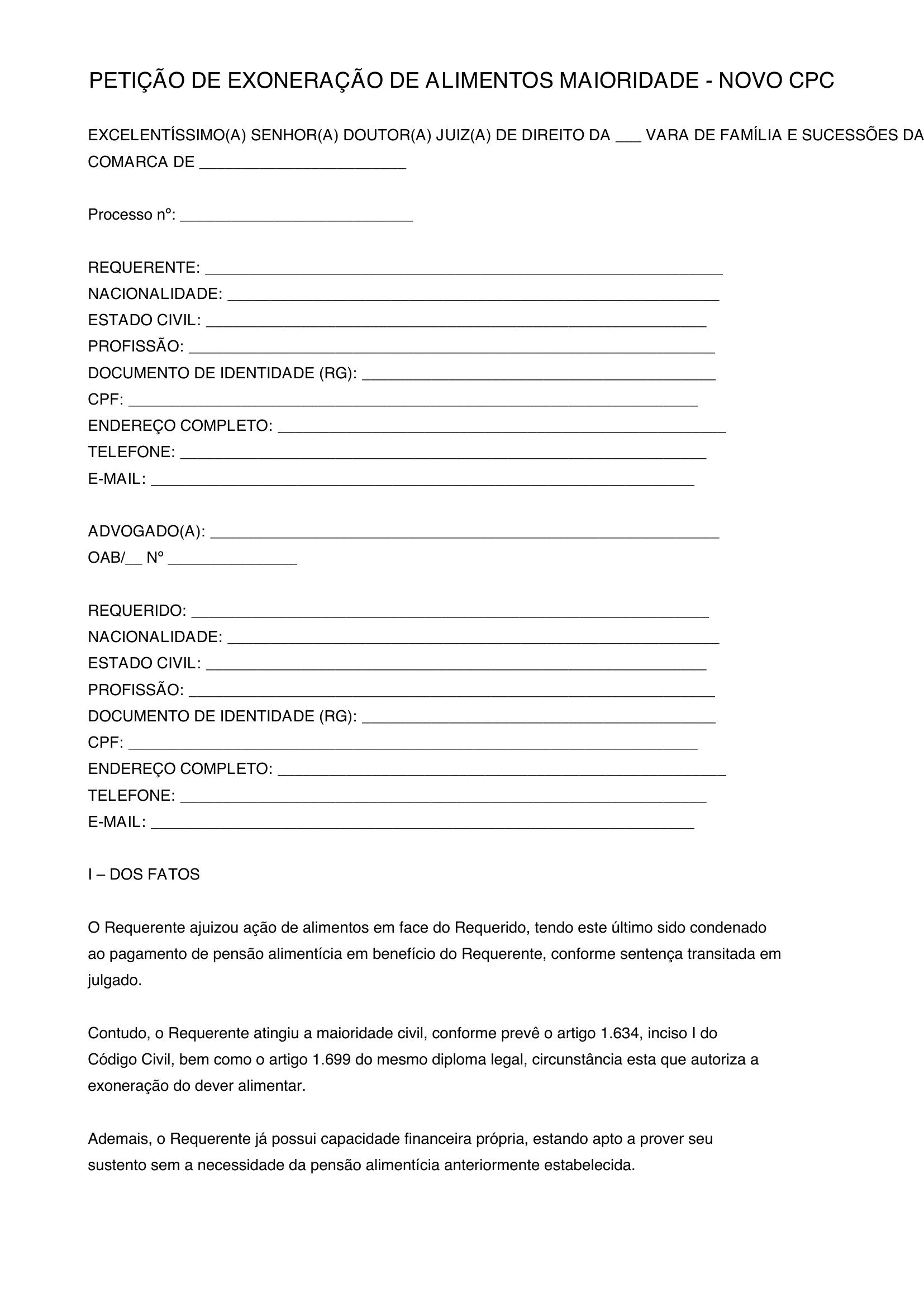 Modelo De Petição Exoneração De Alimentos Maioridade Novo Cpc