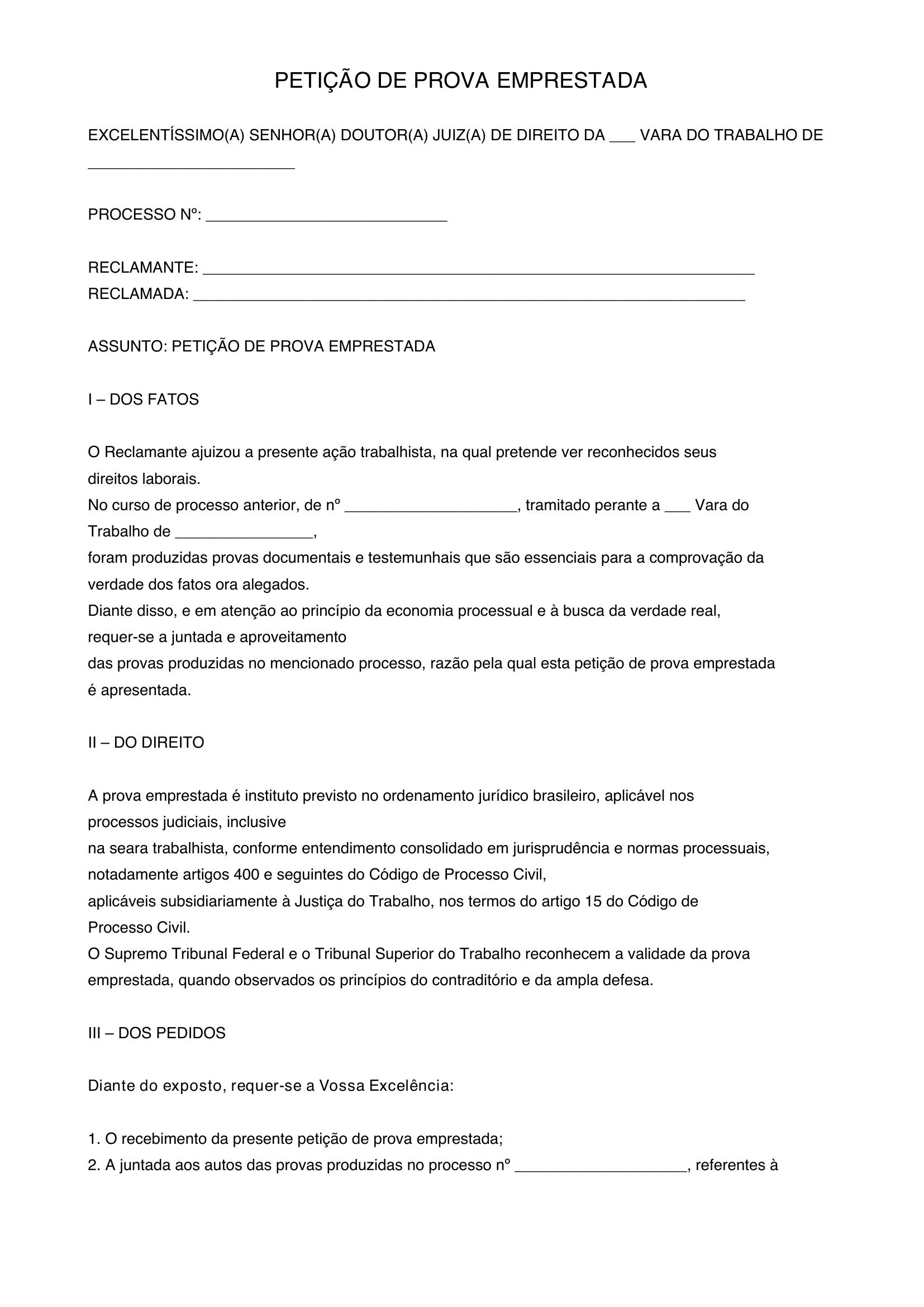 Modelo Petição Prova Emprestada