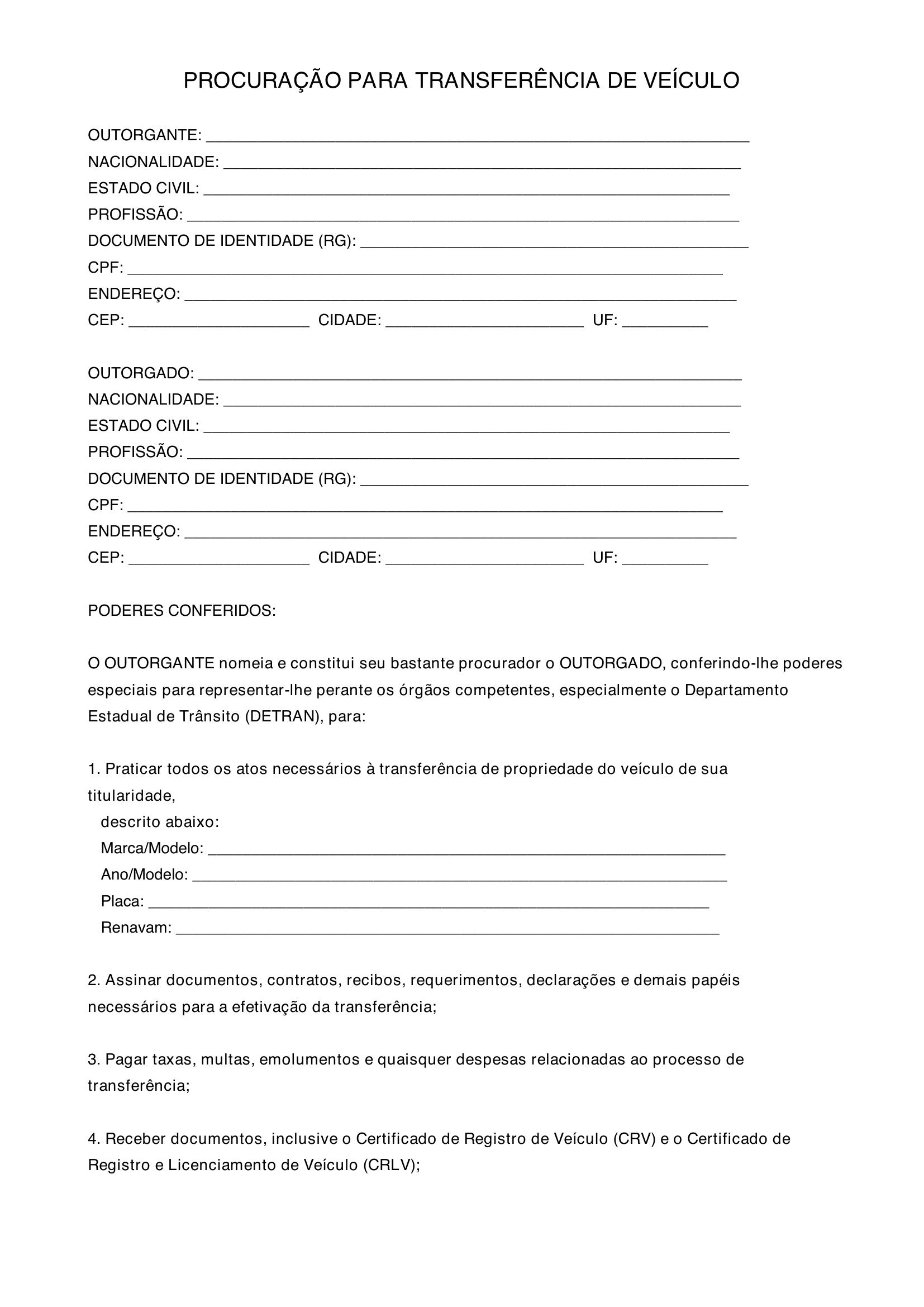 Modelo De Procuração Para Transferencia De Veiculo