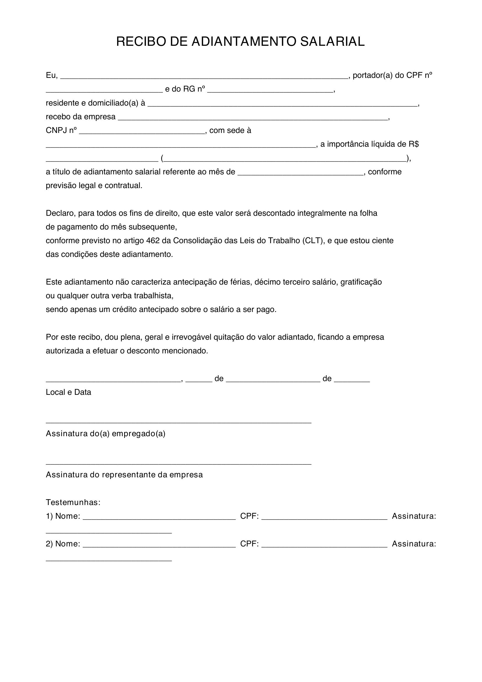 Modelo De Recibo De Adiantamento Salarial