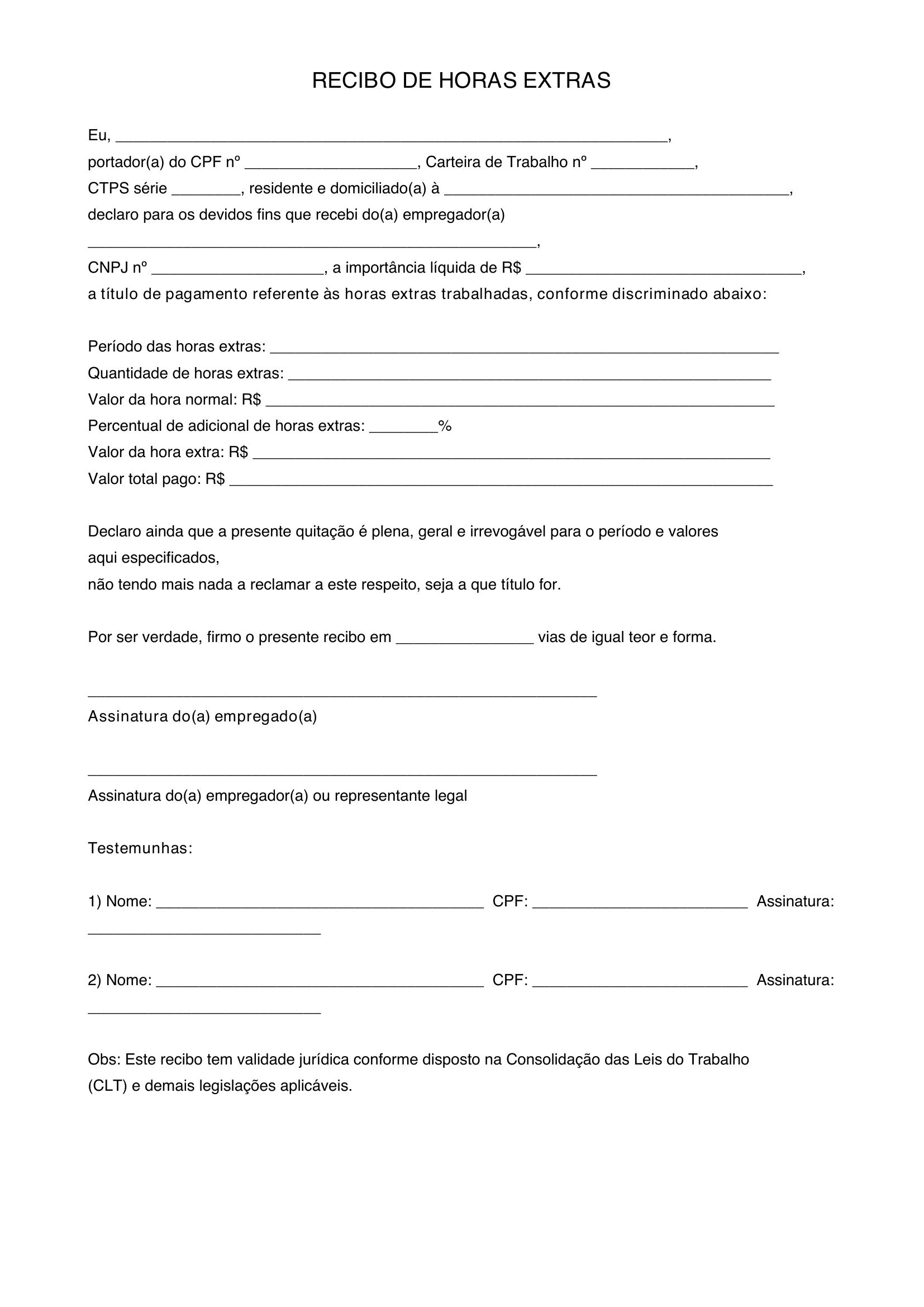 Modelo De Recibo De Horas Extras